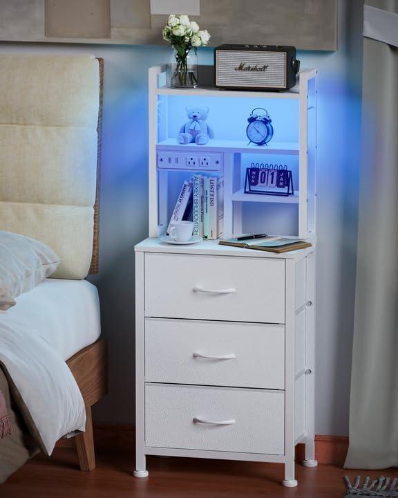 imageFurnulem Tall Night Stand with 3 Fabric Drawers and LED Lights Nightstand with Bookshelf 453inch Tall Bedside Tables with USB Ports in Bedroom Dorm OfficeMetal Frame Wood Shelves Black OakWhite