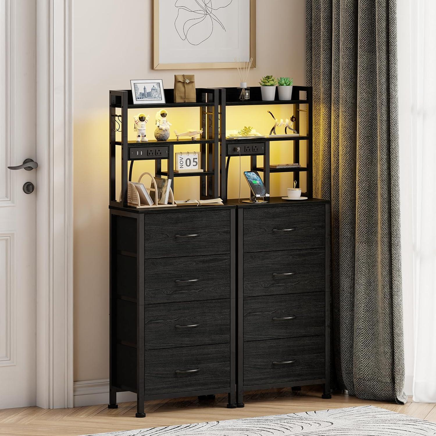 imageFurnulem Tall Night Stand with 3 Fabric Drawers and LED Lights Nightstand with Bookshelf 453inch Tall Bedside Tables with USB Ports in Bedroom Dorm OfficeMetal Frame Wood Shelves Black OakBlack Oak