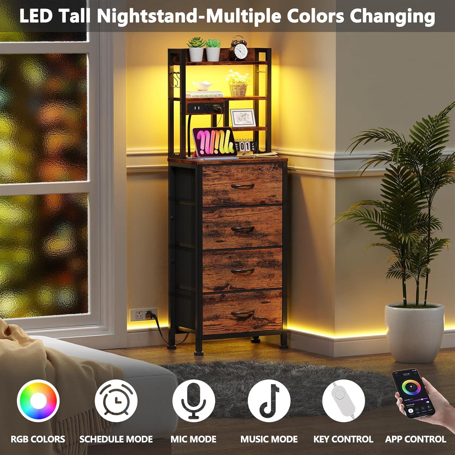 imageFurnulem Tall Night Stand with 3 Fabric Drawers and LED Lights Nightstand with Bookshelf 453inch Tall Bedside Tables with USB Ports in Bedroom Dorm OfficeMetal Frame Wood Shelves Black OakRustic Brown