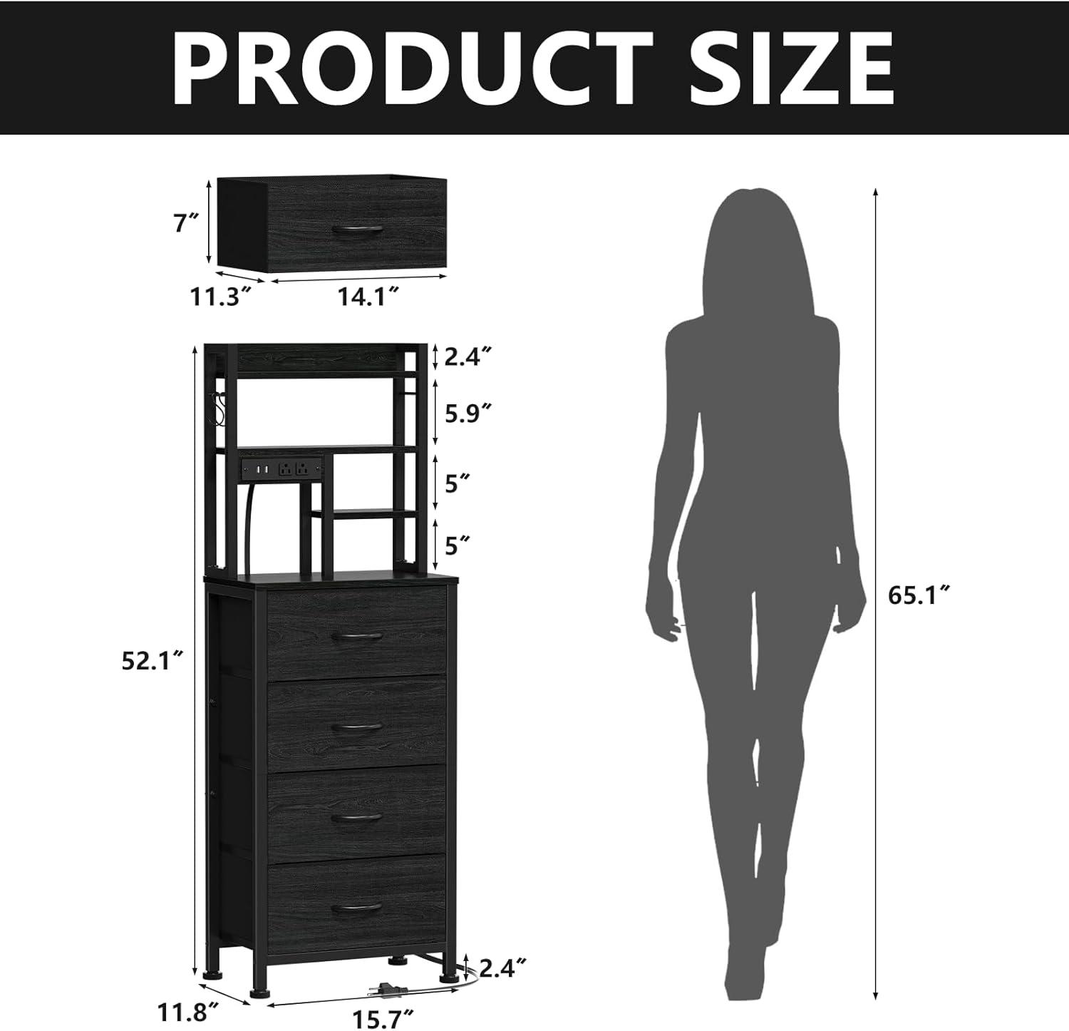 imageFurnulem Tall Night Stand with 3 Fabric Drawers and LED Lights Nightstand with Bookshelf 453inch Tall Bedside Tables with USB Ports in Bedroom Dorm OfficeMetal Frame Wood Shelves Black OakBlack Oak