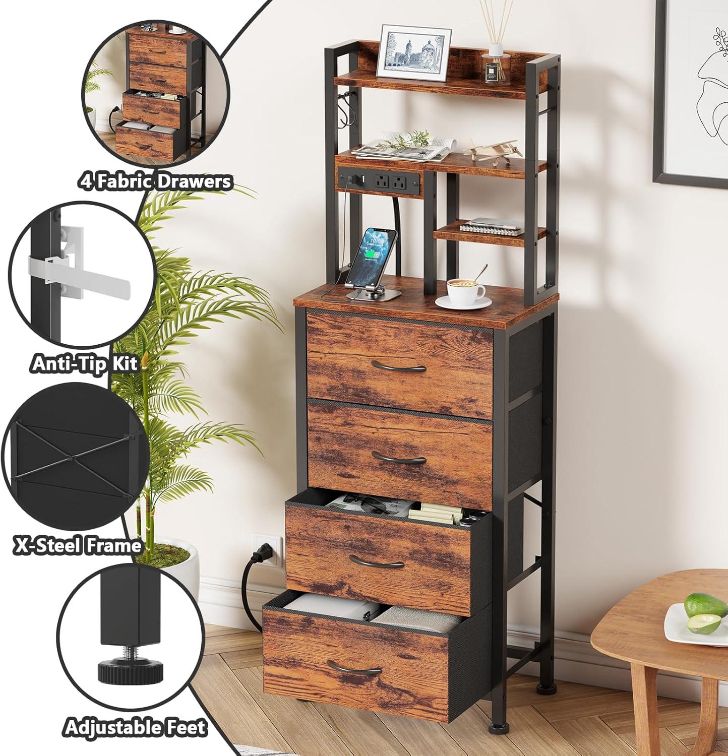 imageFurnulem Tall Night Stand with 3 Fabric Drawers and LED Lights Nightstand with Bookshelf 453inch Tall Bedside Tables with USB Ports in Bedroom Dorm OfficeMetal Frame Wood Shelves Black OakRustic Brown