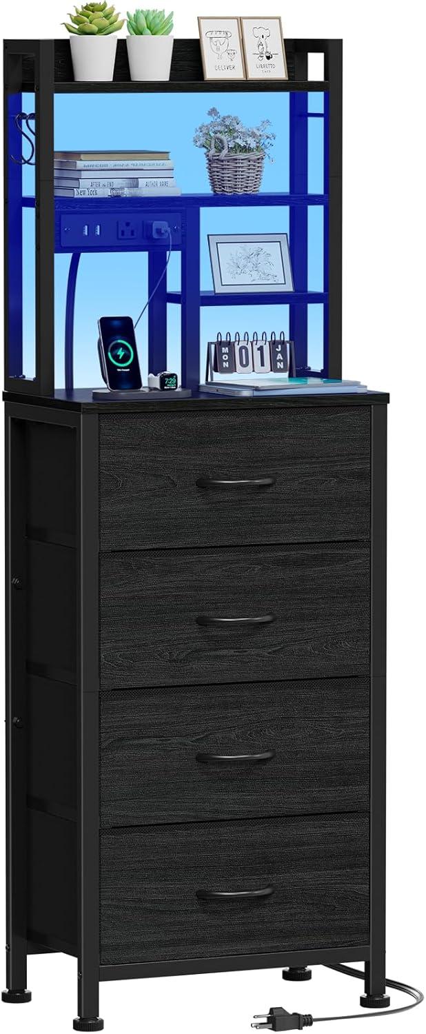 imageFurnulem Tall Night Stand with 3 Fabric Drawers and LED Lights Nightstand with Bookshelf 453inch Tall Bedside Tables with USB Ports in Bedroom Dorm OfficeMetal Frame Wood Shelves Black OakBlack Oak