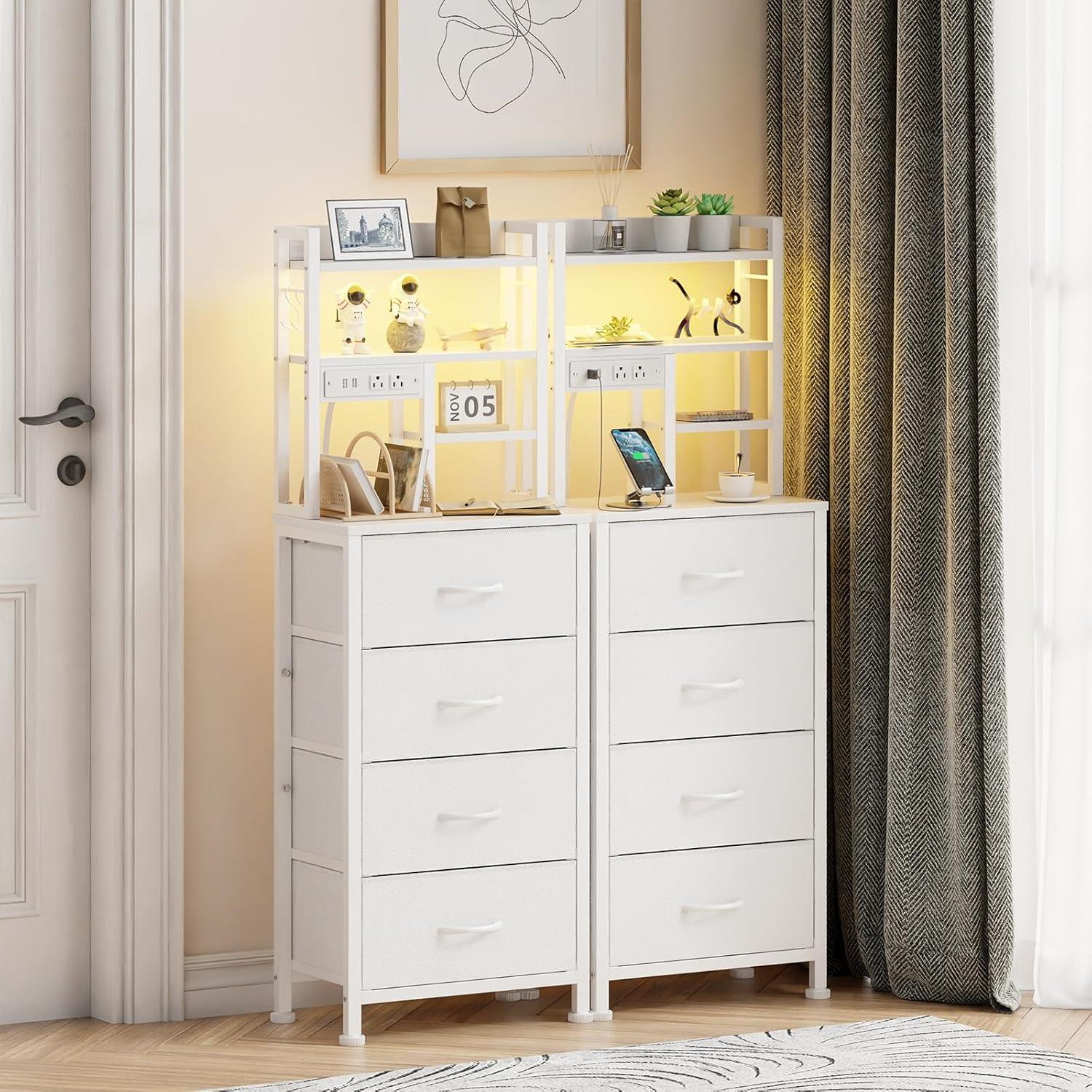 imageFurnulem Tall Night Stand with 3 Fabric Drawers and LED Lights Nightstand with Bookshelf 453inch Tall Bedside Tables with USB Ports in Bedroom Dorm OfficeMetal Frame Wood Shelves Black OakWhite