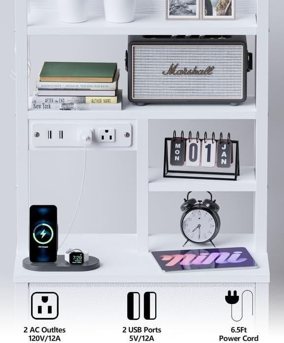 imageFurnulem Tall Night Stand with 3 Fabric Drawers and LED Lights Nightstand with Bookshelf 453inch Tall Bedside Tables with USB Ports in Bedroom Dorm OfficeMetal Frame Wood Shelves Black OakWhite