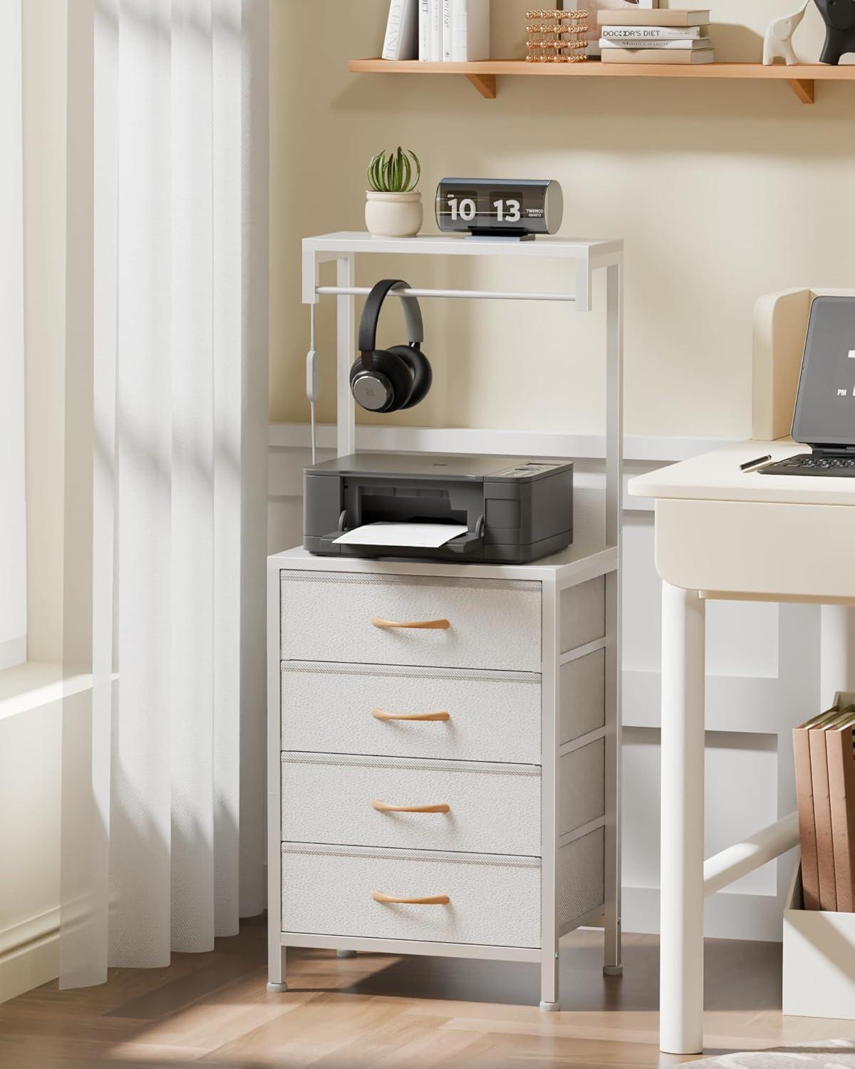 imageFurnulem Tall Nightstand with Charging Station Night Stands with LED Lights and Storage Shelves Bed Side Table for Bedroom Hallway Office 4 Fabric Drawers Black OakWhite