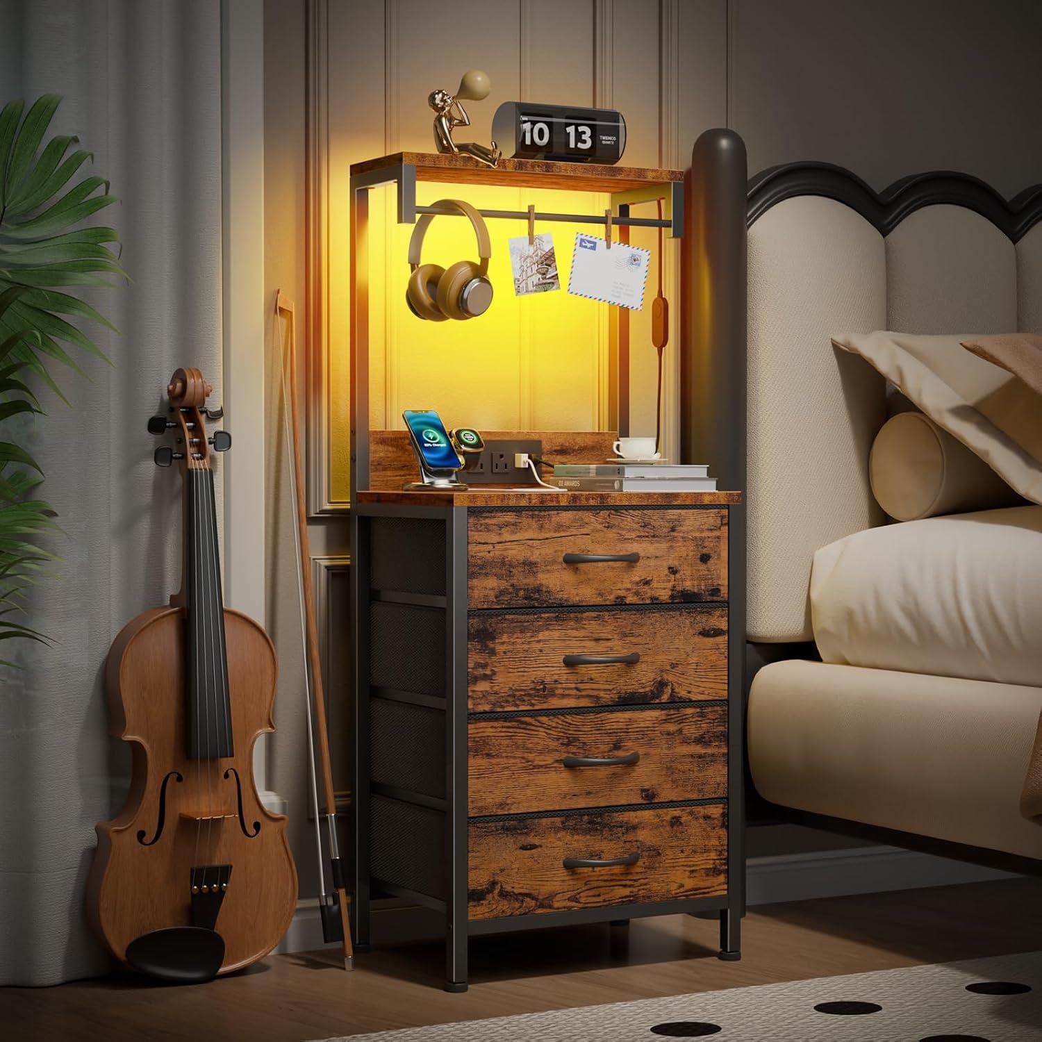 imageFurnulem Tall Nightstand with Charging Station Night Stands with LED Lights and Storage Shelves Bed Side Table for Bedroom Hallway Office 4 Fabric Drawers Black OakRustic Brown