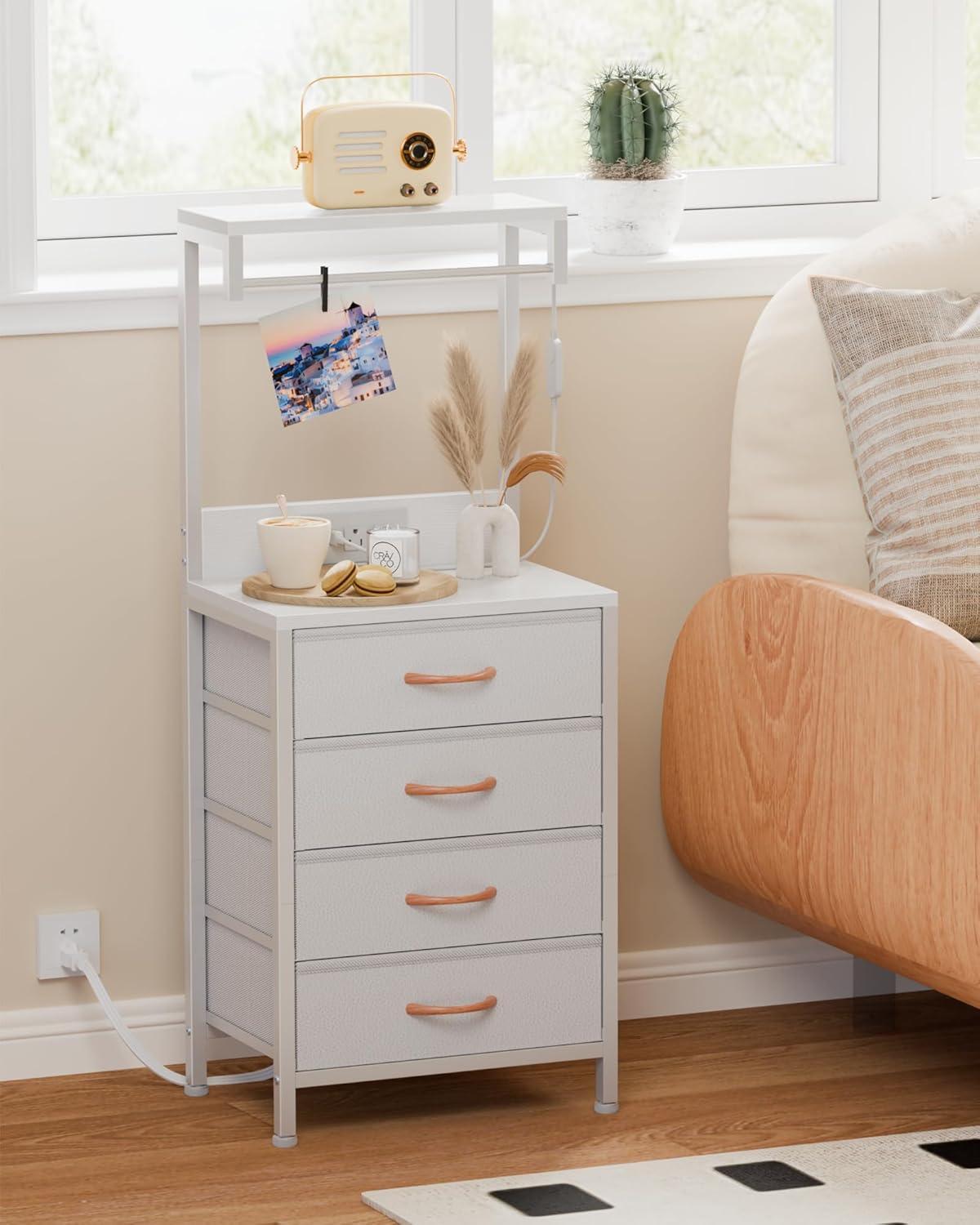 imageFurnulem Tall Nightstand with Charging Station Night Stands with LED Lights and Storage Shelves Bed Side Table for Bedroom Hallway Office 4 Fabric Drawers Black OakWhite