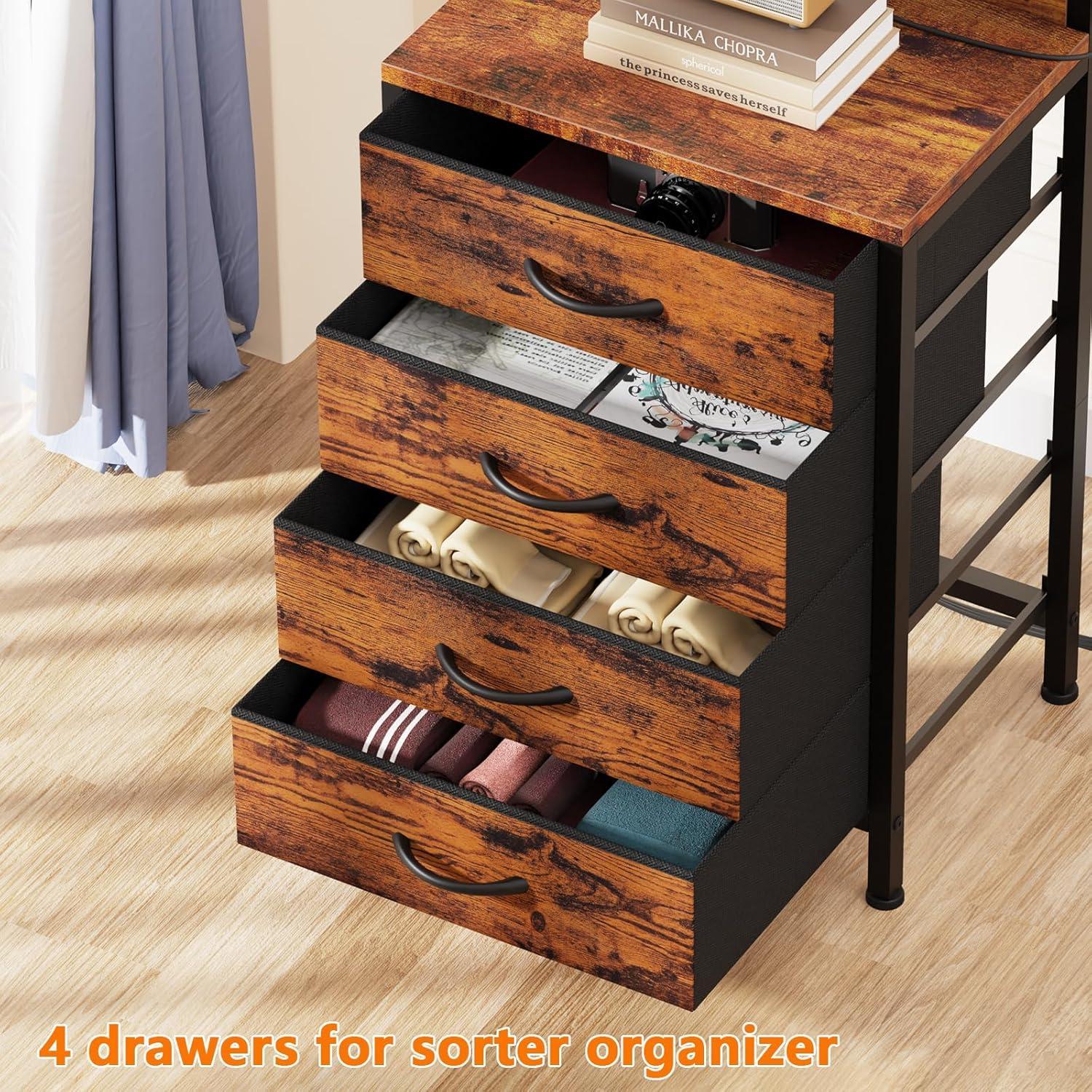 imageFurnulem Tall Nightstand with Charging Station Night Stands with LED Lights and Storage Shelves Bed Side Table for Bedroom Hallway Office 4 Fabric Drawers Black OakRustic Brown