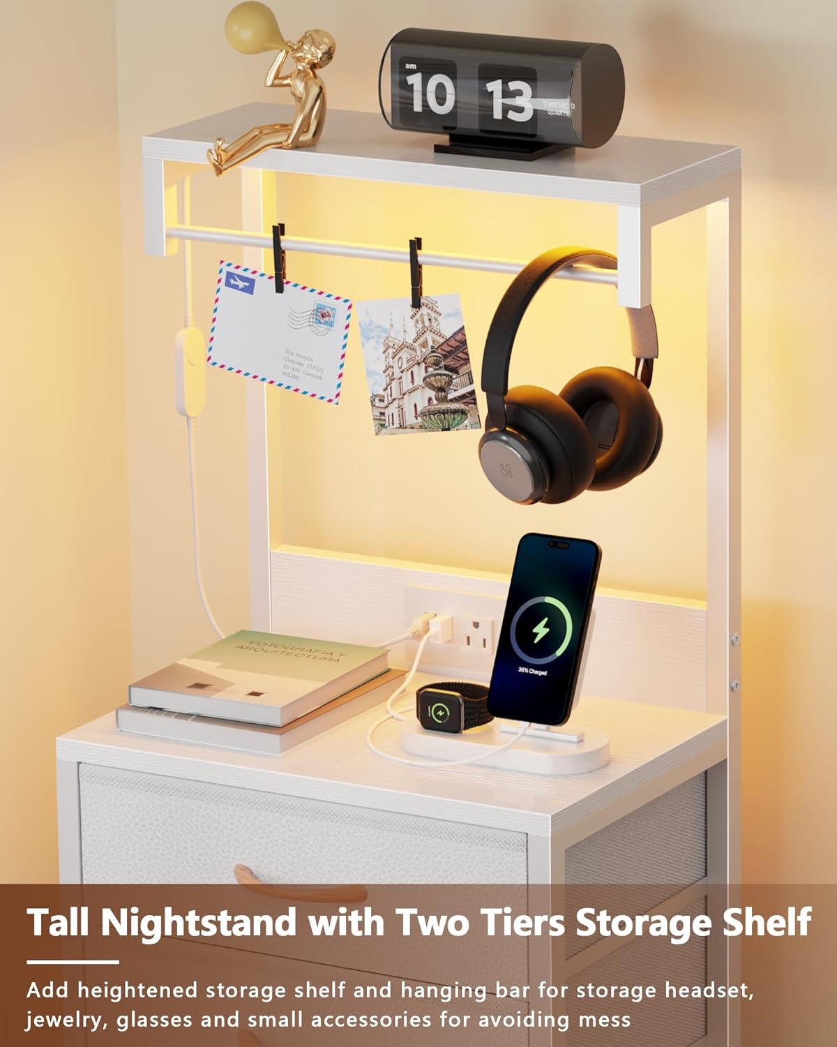 imageFurnulem Tall Nightstand with Charging Station Night Stands with LED Lights and Storage Shelves Bed Side Table for Bedroom Hallway Office 4 Fabric Drawers Black OakWhite