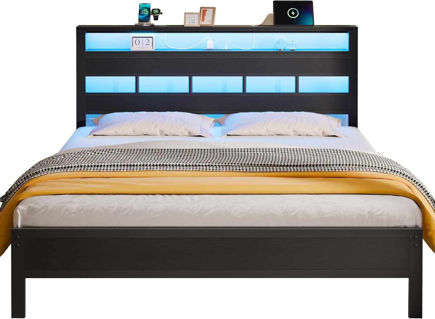 imageFurnulem Twin Bed Frames with Charging Station and LED Lights Twin Size Platform Bed with Metal Slats Wood Headboard with 2Tier Storage Shelves No Box Spring Needed Black OakBlack Oak