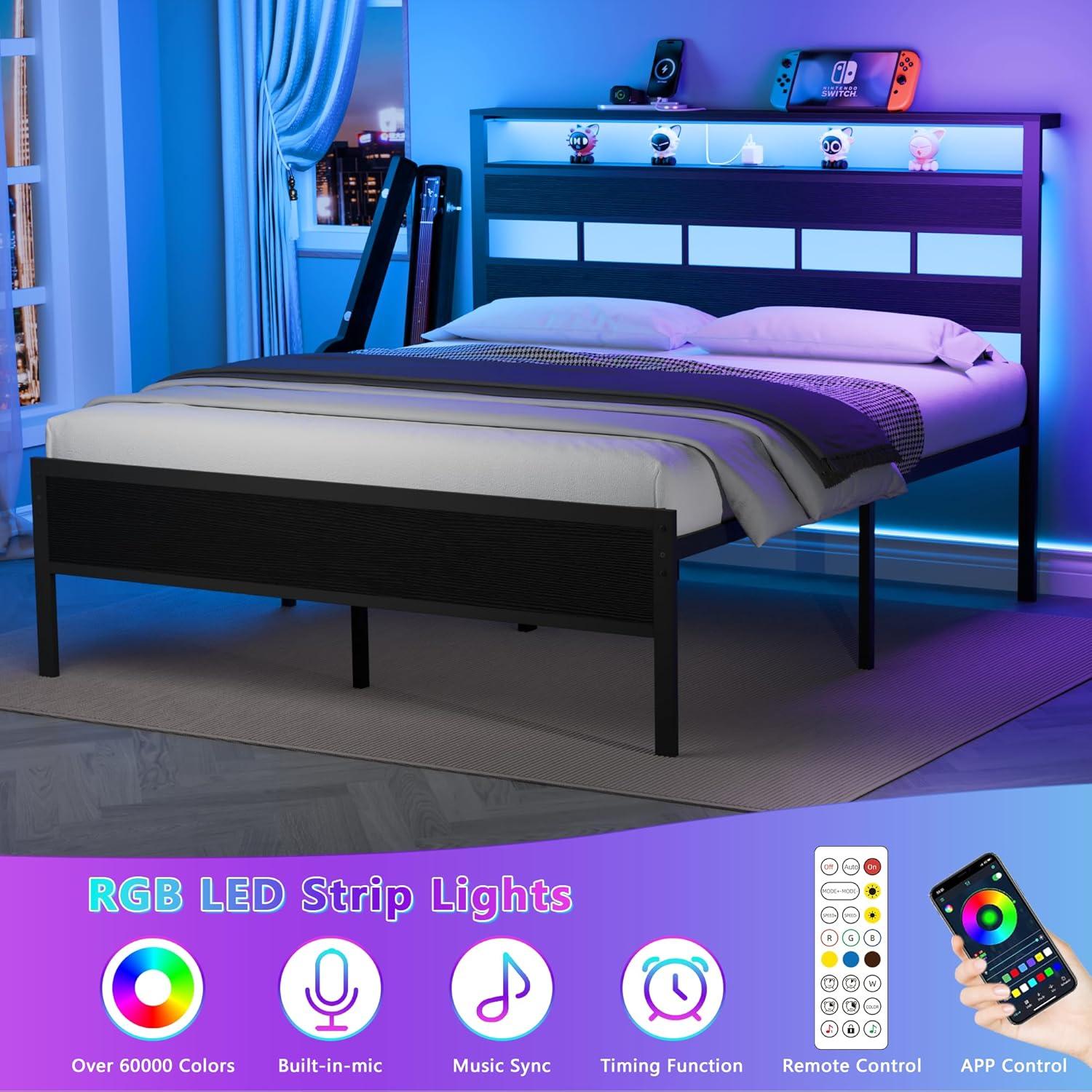 imageFurnulem Twin Bed Frames with Charging Station and LED Lights Twin Size Platform Bed with Metal Slats Wood Headboard with 2Tier Storage Shelves No Box Spring Needed Black OakBlack Oak