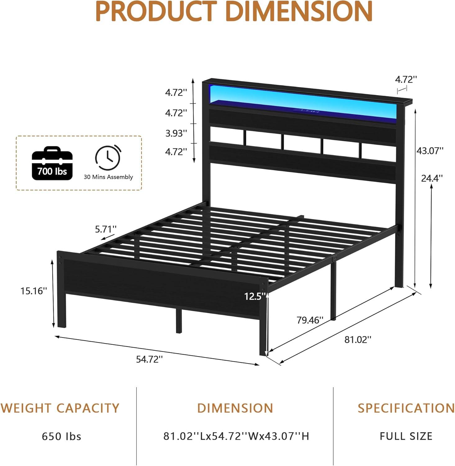 imageFurnulem Twin Bed Frames with Charging Station and LED Lights Twin Size Platform Bed with Metal Slats Wood Headboard with 2Tier Storage Shelves No Box Spring Needed Black OakBlack Oak