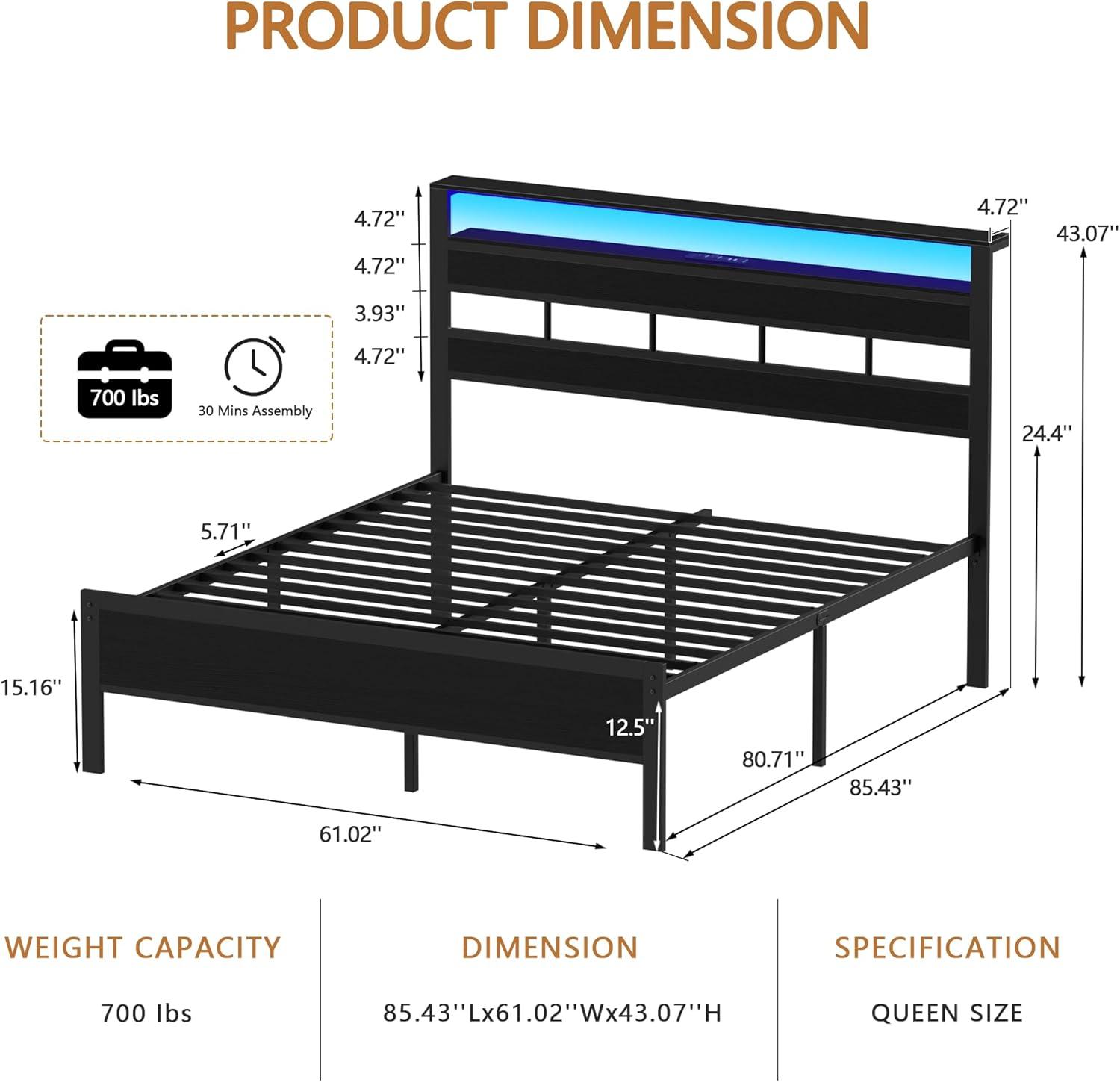 imageFurnulem Twin Bed Frames with Charging Station and LED Lights Twin Size Platform Bed with Metal Slats Wood Headboard with 2Tier Storage Shelves No Box Spring Needed Black OakBlack Oak