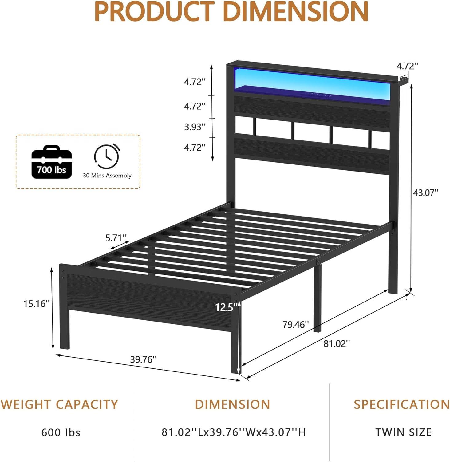 imageFurnulem Twin Bed Frames with Charging Station and LED Lights Twin Size Platform Bed with Metal Slats Wood Headboard with 2Tier Storage Shelves No Box Spring Needed Black OakBlack Oak