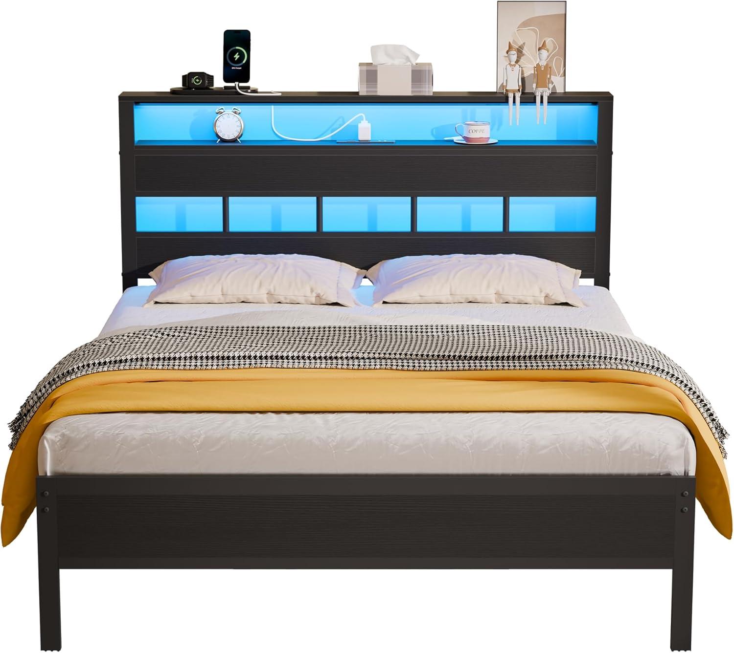 imageFurnulem Twin Bed Frames with Charging Station and LED Lights Twin Size Platform Bed with Metal Slats Wood Headboard with 2Tier Storage Shelves No Box Spring Needed Black OakBlack Oak