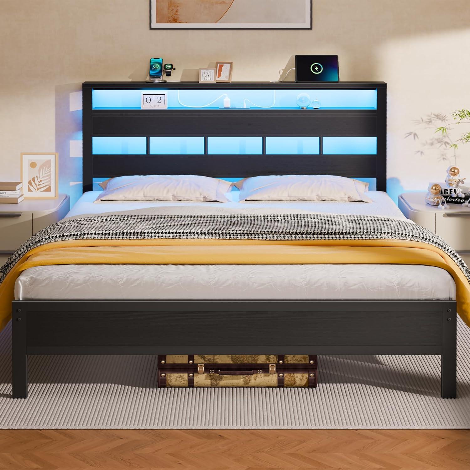 imageFurnulem Twin Bed Frames with Charging Station and LED Lights Twin Size Platform Bed with Metal Slats Wood Headboard with 2Tier Storage Shelves No Box Spring Needed Black OakBlack Oak
