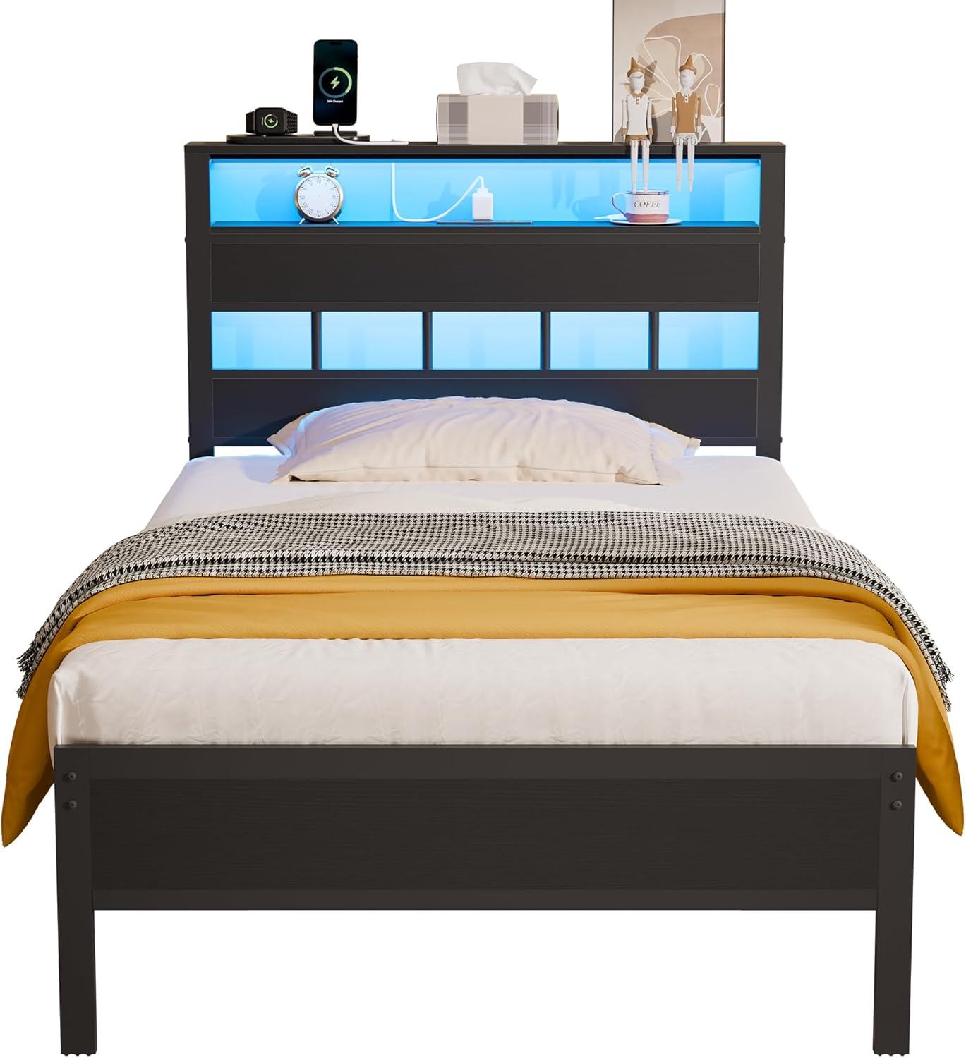 imageFurnulem Twin Bed Frames with Charging Station and LED Lights Twin Size Platform Bed with Metal Slats Wood Headboard with 2Tier Storage Shelves No Box Spring Needed Black OakBlack Oak