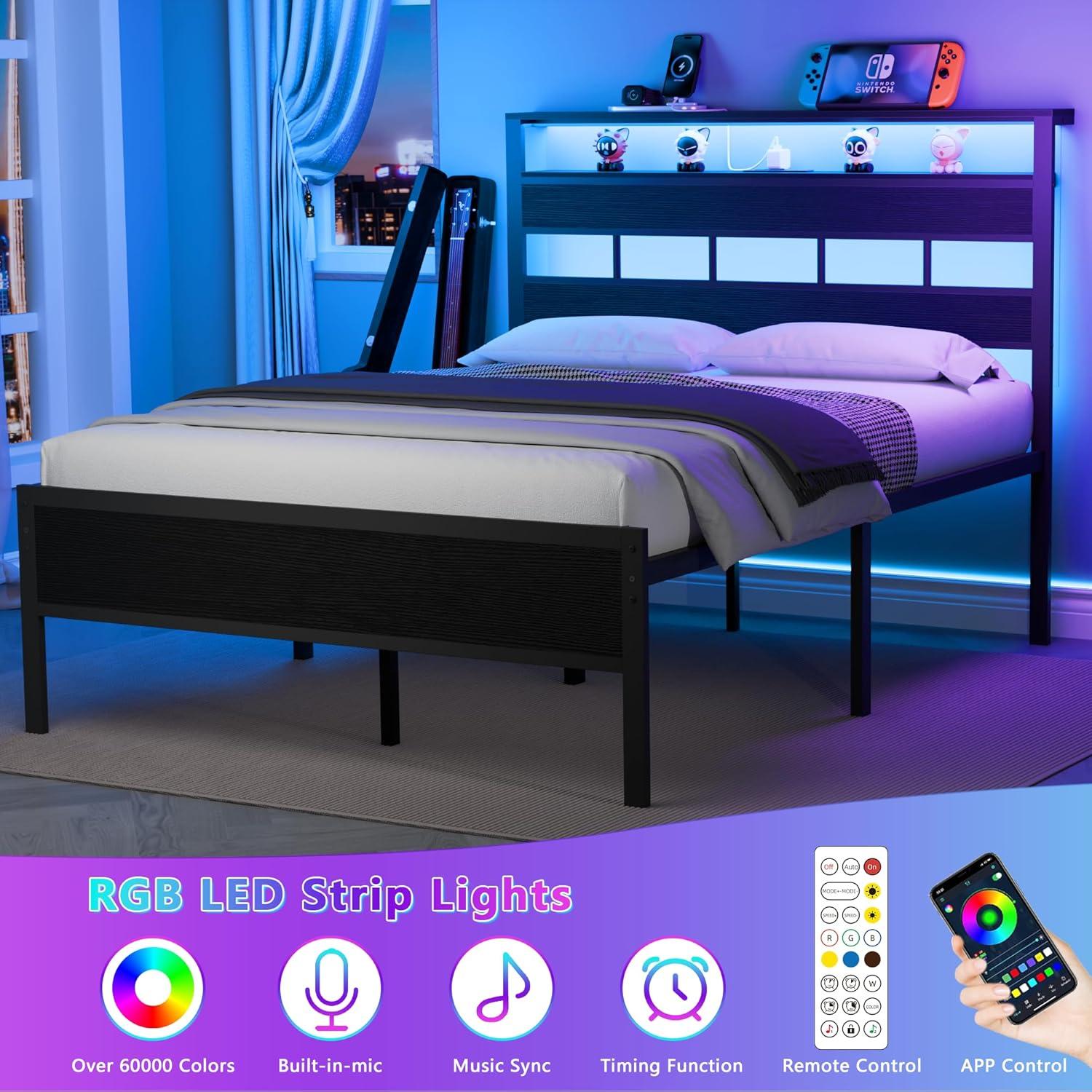 imageFurnulem Twin Bed Frames with Charging Station and LED Lights Twin Size Platform Bed with Metal Slats Wood Headboard with 2Tier Storage Shelves No Box Spring Needed Black OakBlack Oak