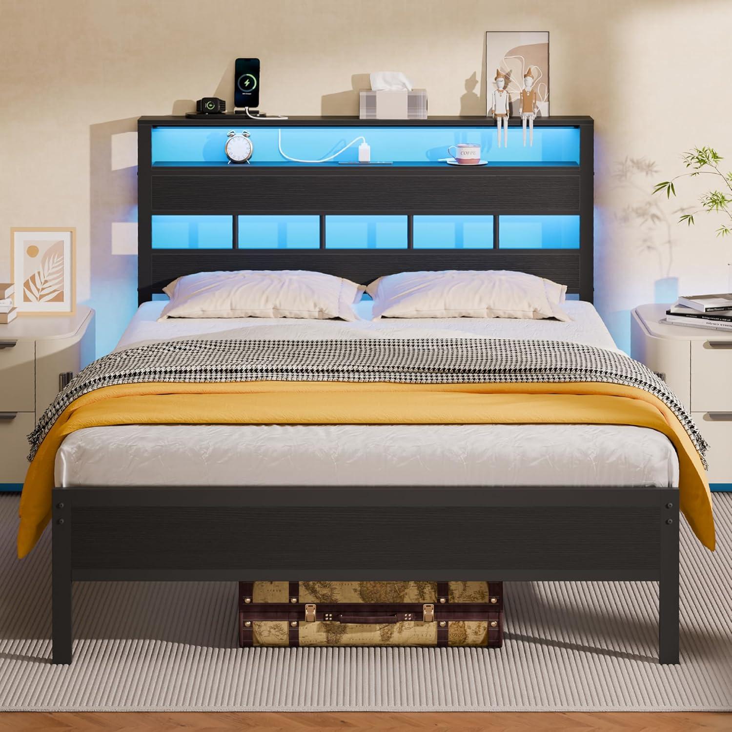 imageFurnulem Twin Bed Frames with Charging Station and LED Lights Twin Size Platform Bed with Metal Slats Wood Headboard with 2Tier Storage Shelves No Box Spring Needed Black OakBlack Oak