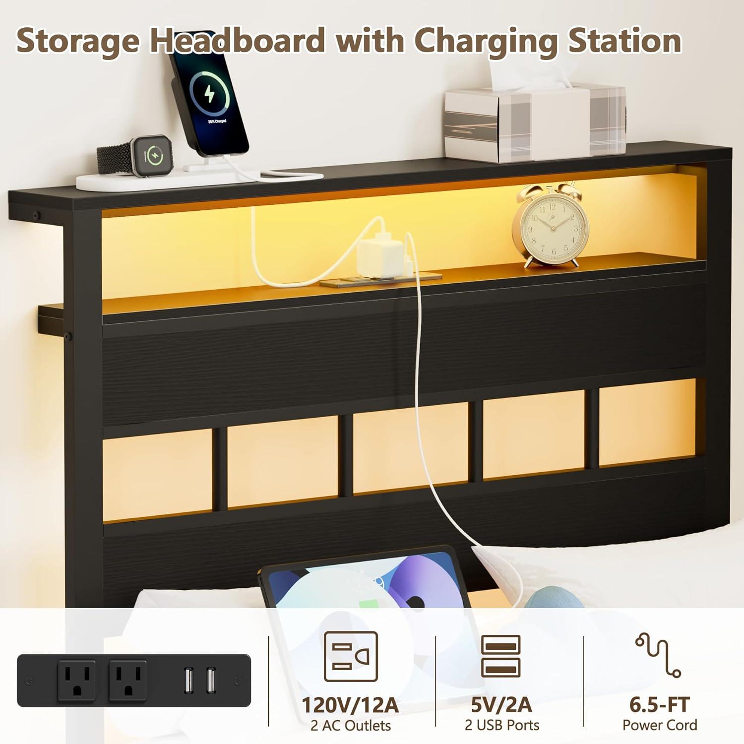 imageFurnulem Twin Bed Frames with Charging Station and LED Lights Twin Size Platform Bed with Metal Slats Wood Headboard with 2Tier Storage Shelves No Box Spring Needed Black OakBlack Oak