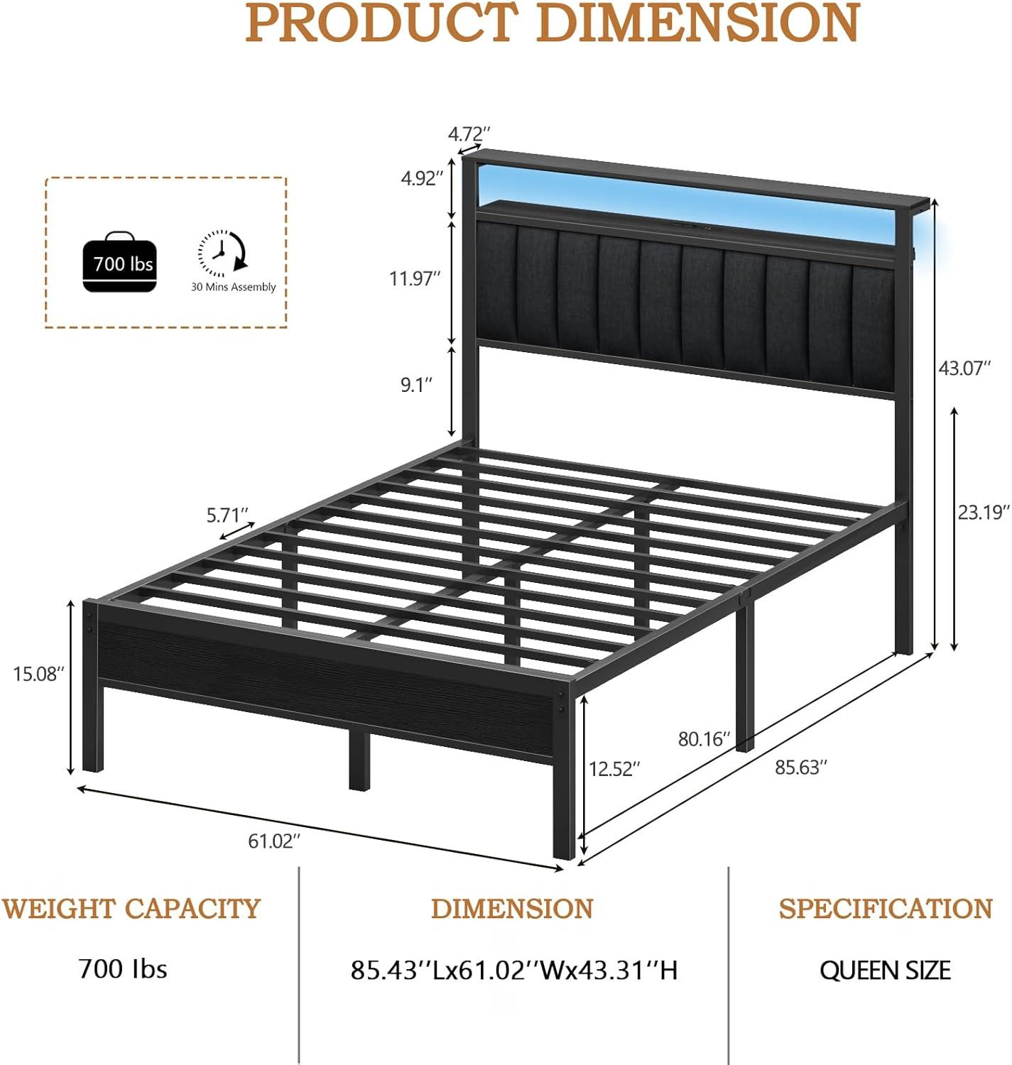 imageFurnulem Twin Size Bed Frame with Charging Station and LED Lights Platform Bed with Metal Slats Grey Upholstered Headboard with 2Tier Storage Shelves No Box Spring NeededBlack Oak