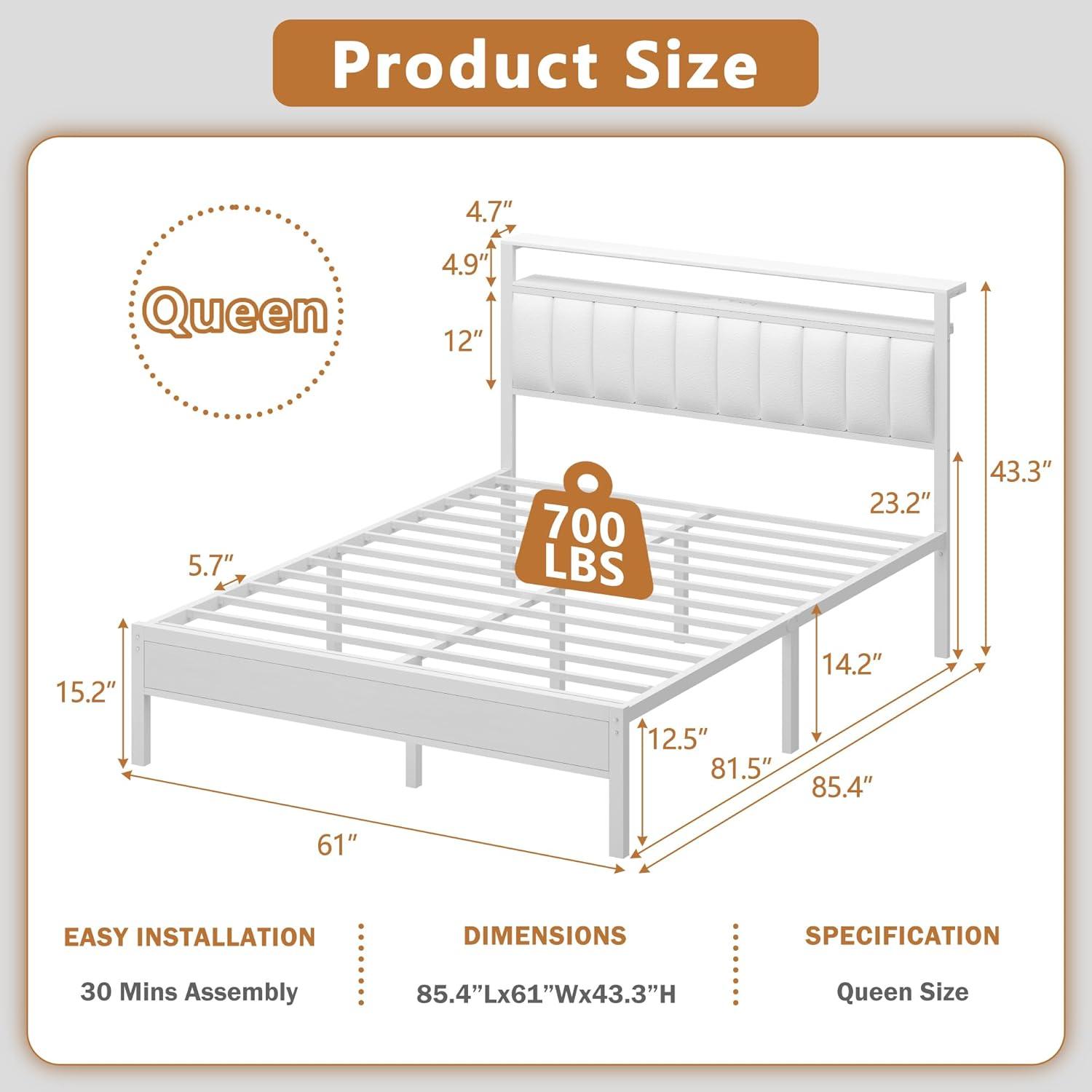 imageFurnulem Twin Size Bed Frame with Charging Station and LED Lights Platform Bed with Metal Slats Grey Upholstered Headboard with 2Tier Storage Shelves No Box Spring NeededWhite