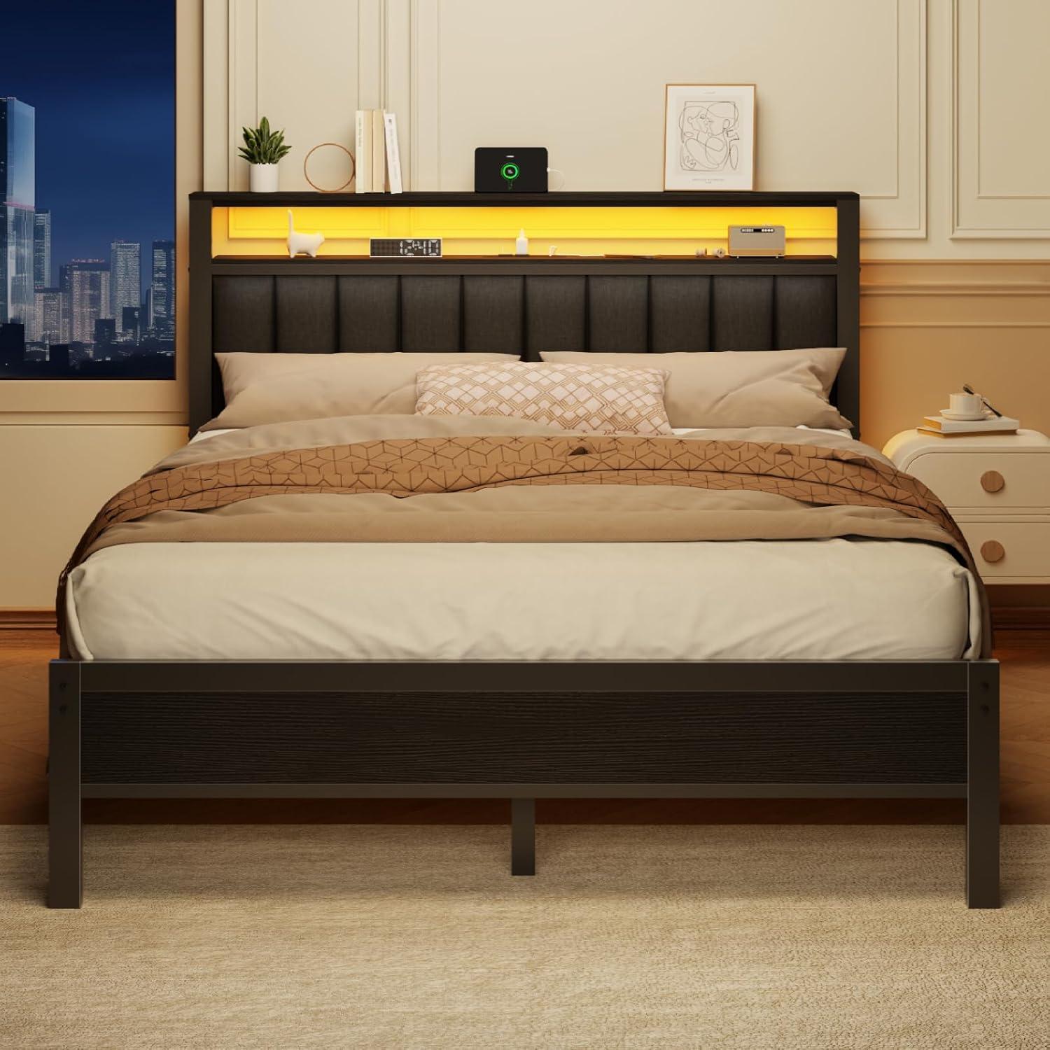 imageFurnulem Twin Size Bed Frame with Charging Station and LED Lights Platform Bed with Metal Slats Grey Upholstered Headboard with 2Tier Storage Shelves No Box Spring NeededBlack Oak