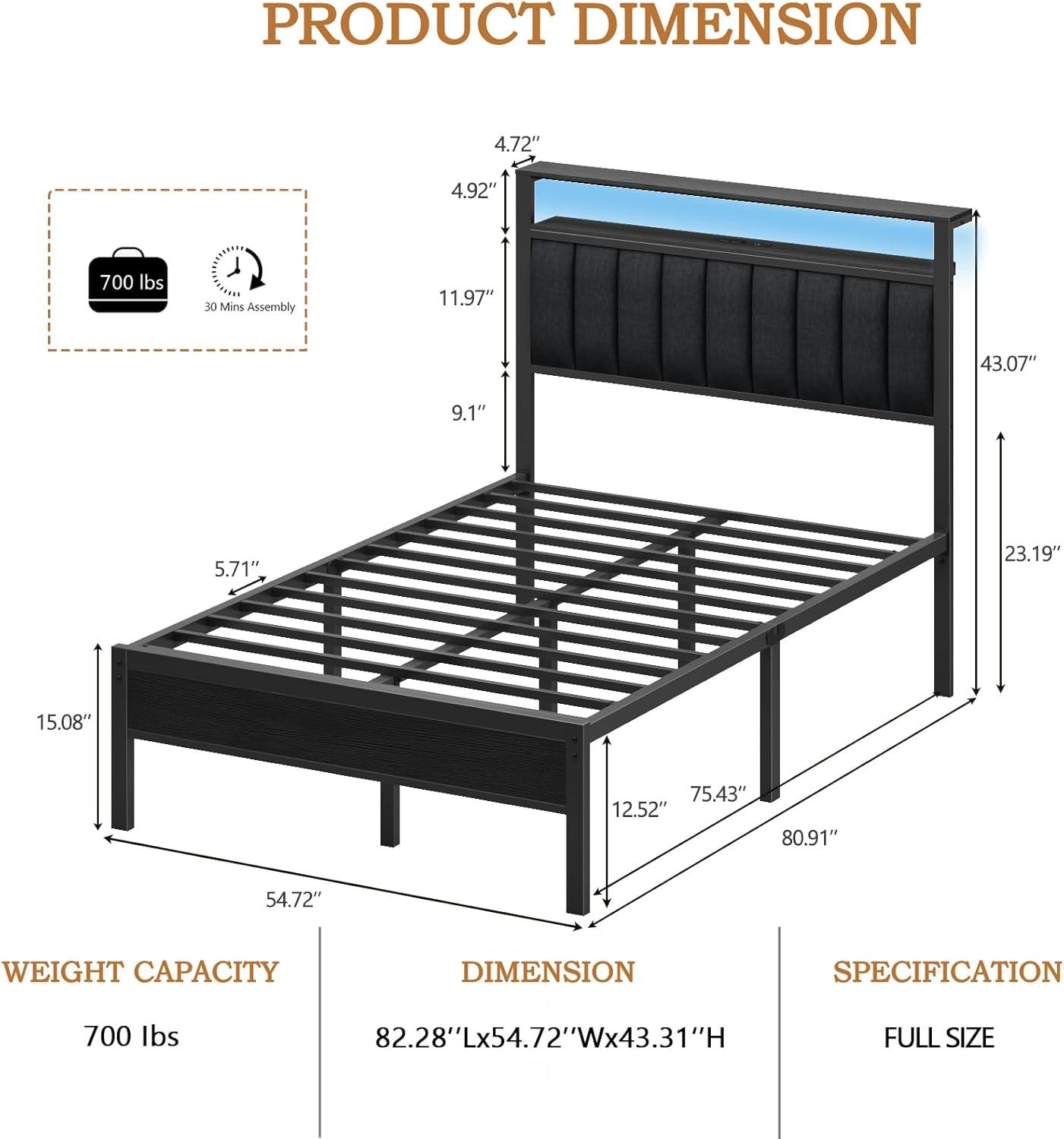 imageFurnulem Twin Size Bed Frame with Charging Station and LED Lights Platform Bed with Metal Slats Grey Upholstered Headboard with 2Tier Storage Shelves No Box Spring NeededBlack Oak