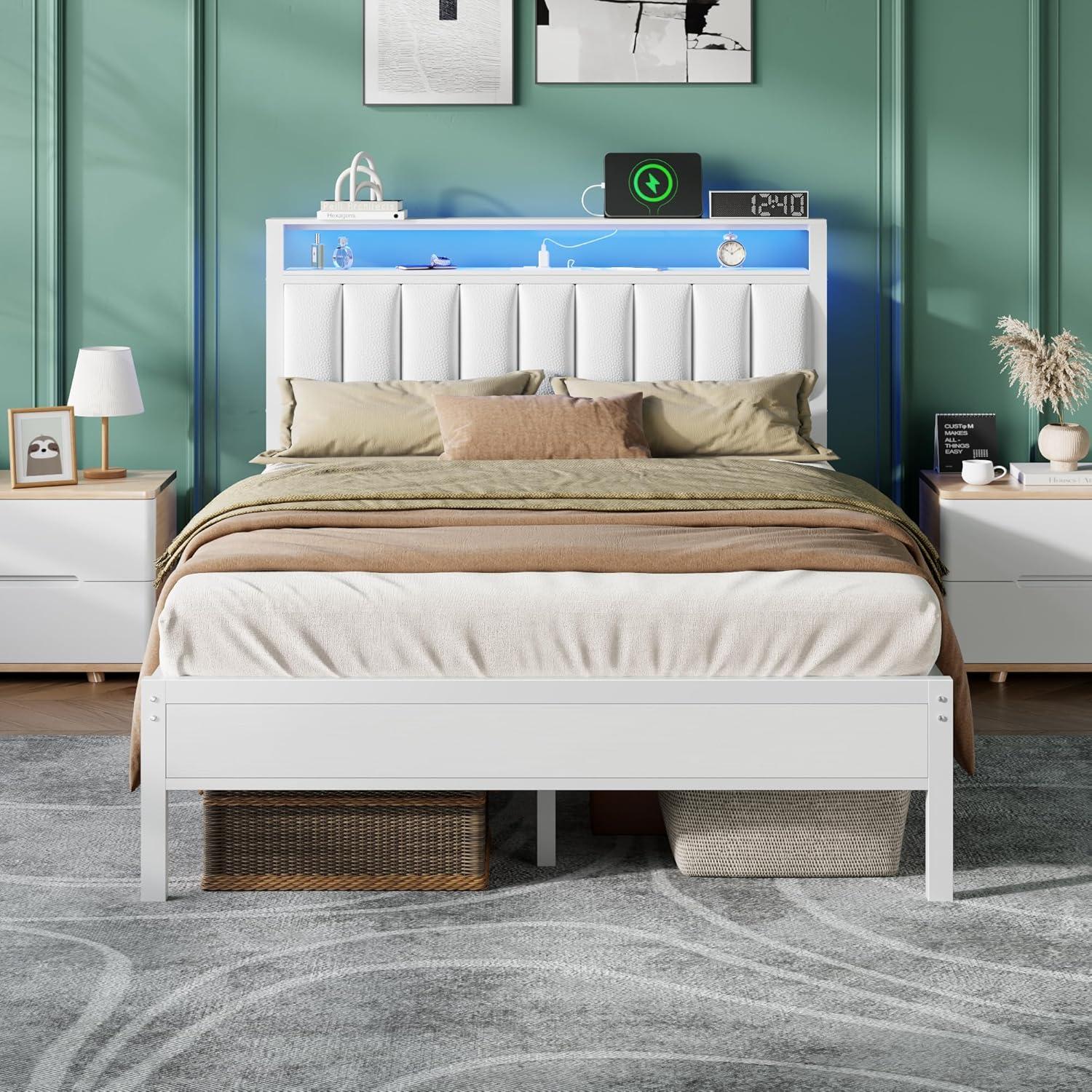imageFurnulem Twin Size Bed Frame with Charging Station and LED Lights Platform Bed with Metal Slats Grey Upholstered Headboard with 2Tier Storage Shelves No Box Spring NeededWhite