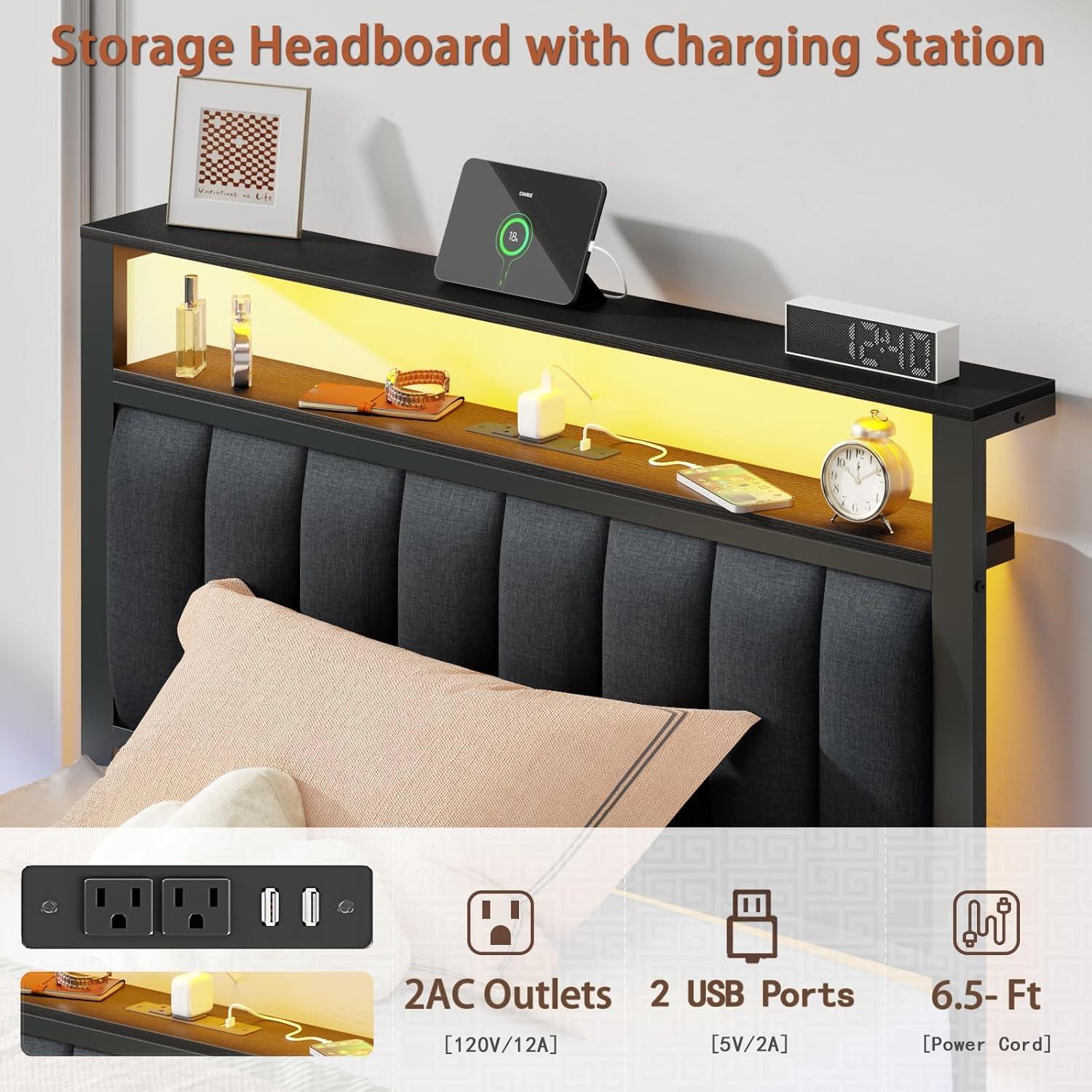 imageFurnulem Twin Size Bed Frame with Charging Station and LED Lights Platform Bed with Metal Slats Grey Upholstered Headboard with 2Tier Storage Shelves No Box Spring NeededBlack Oak