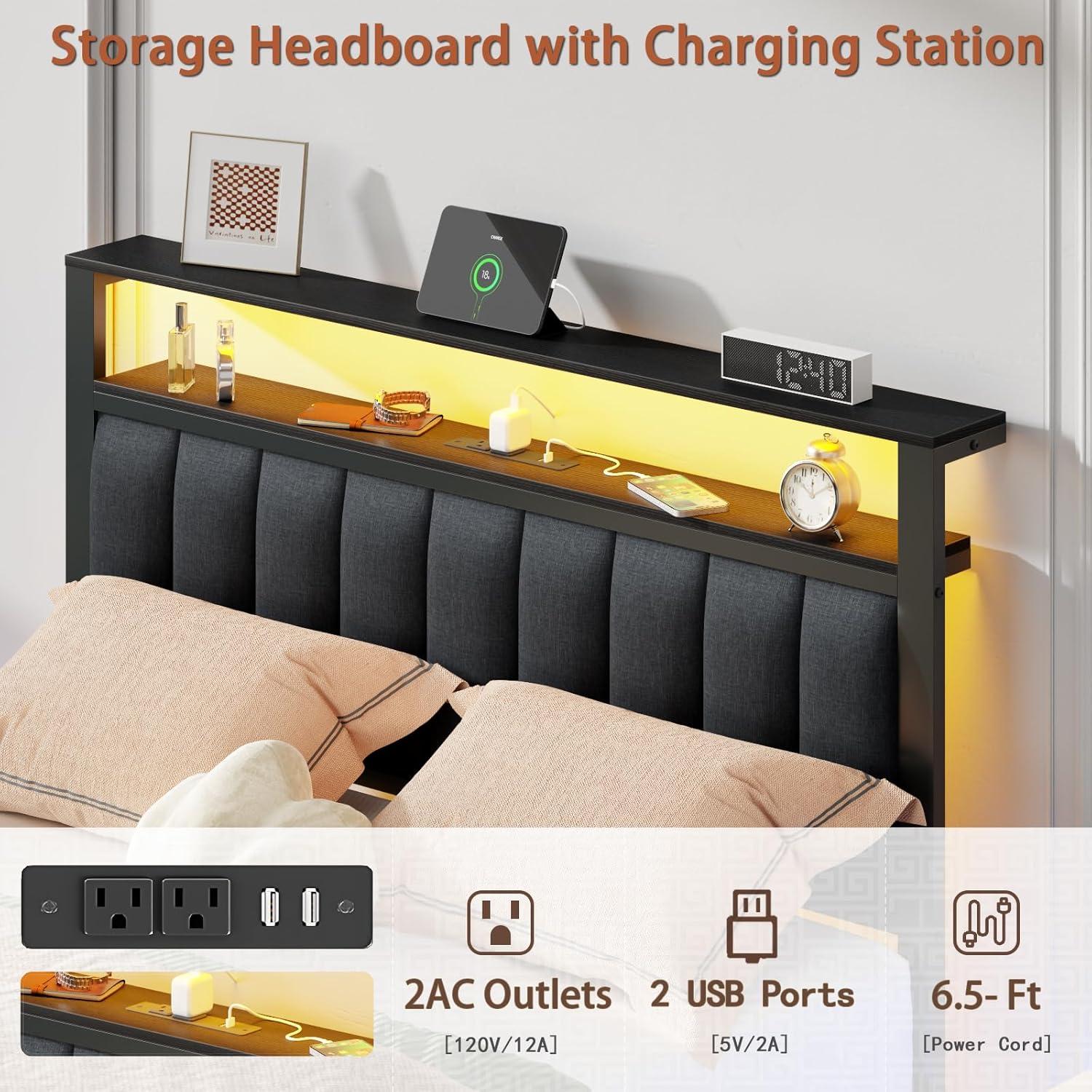 imageFurnulem Twin Size Bed Frame with Charging Station and LED Lights Platform Bed with Metal Slats Grey Upholstered Headboard with 2Tier Storage Shelves No Box Spring NeededBlack Oak
