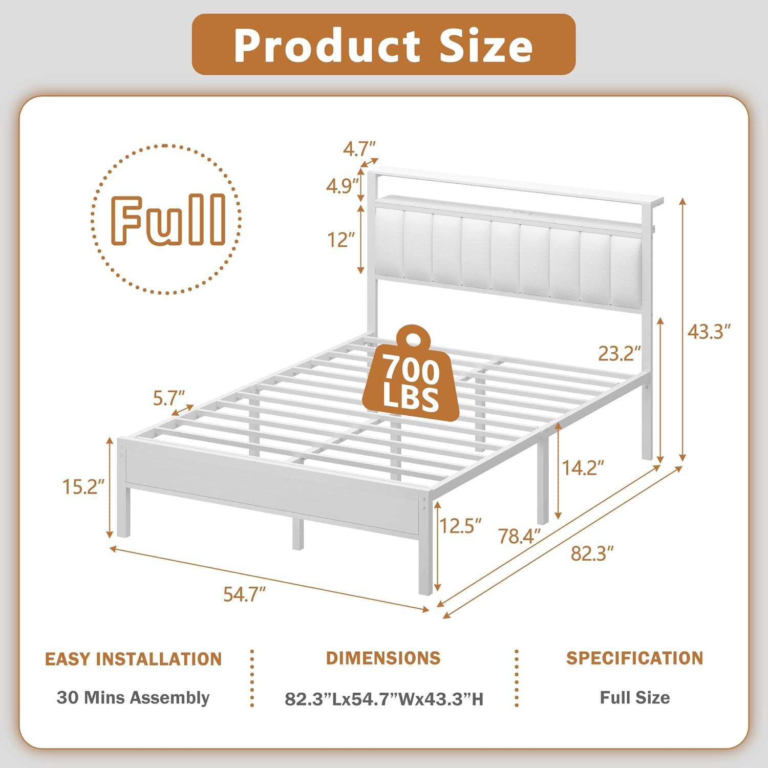 imageFurnulem Twin Size Bed Frame with Charging Station and LED Lights Platform Bed with Metal Slats Grey Upholstered Headboard with 2Tier Storage Shelves No Box Spring NeededWhite
