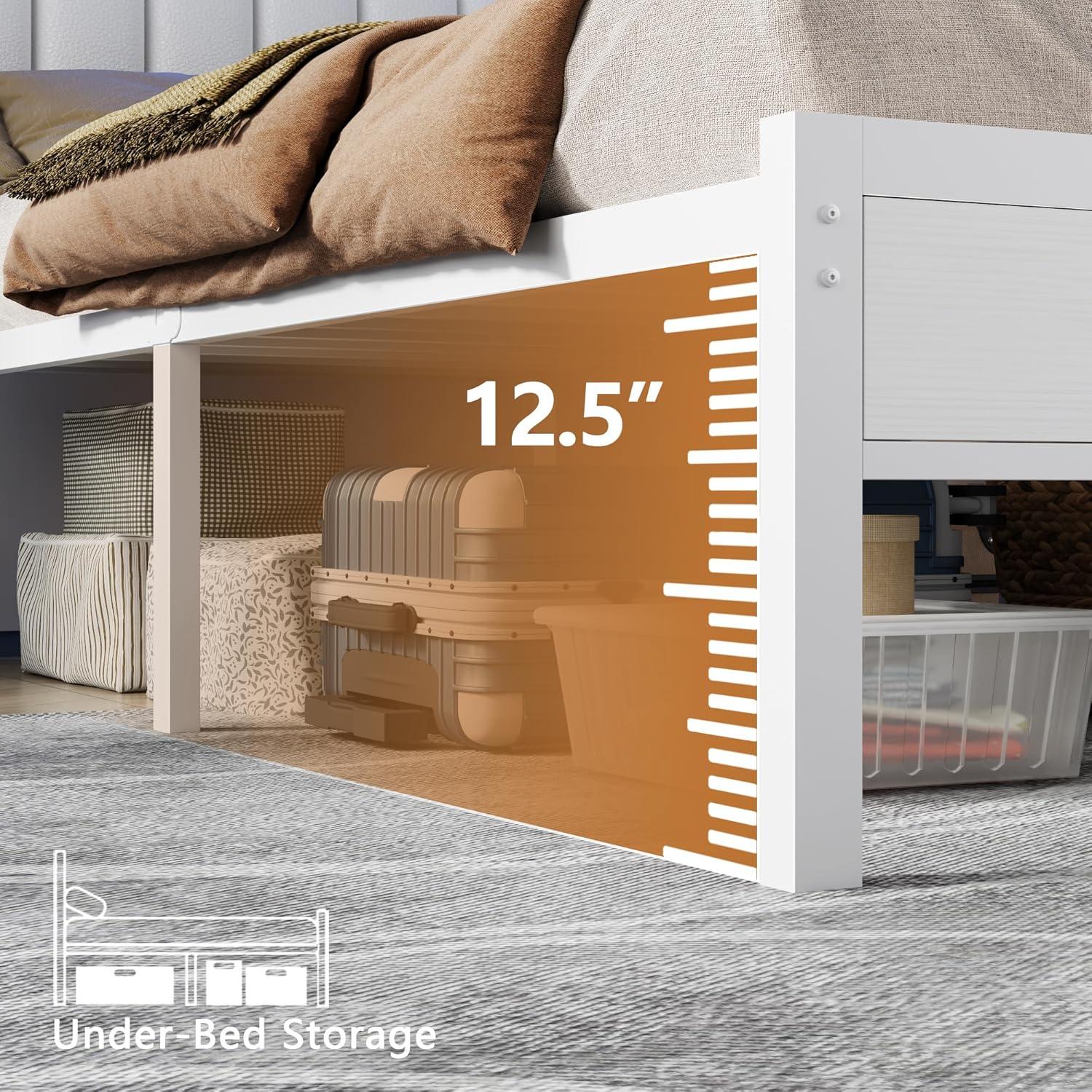 imageFurnulem Twin Size Bed Frame with Charging Station and LED Lights Platform Bed with Metal Slats Grey Upholstered Headboard with 2Tier Storage Shelves No Box Spring NeededWhite