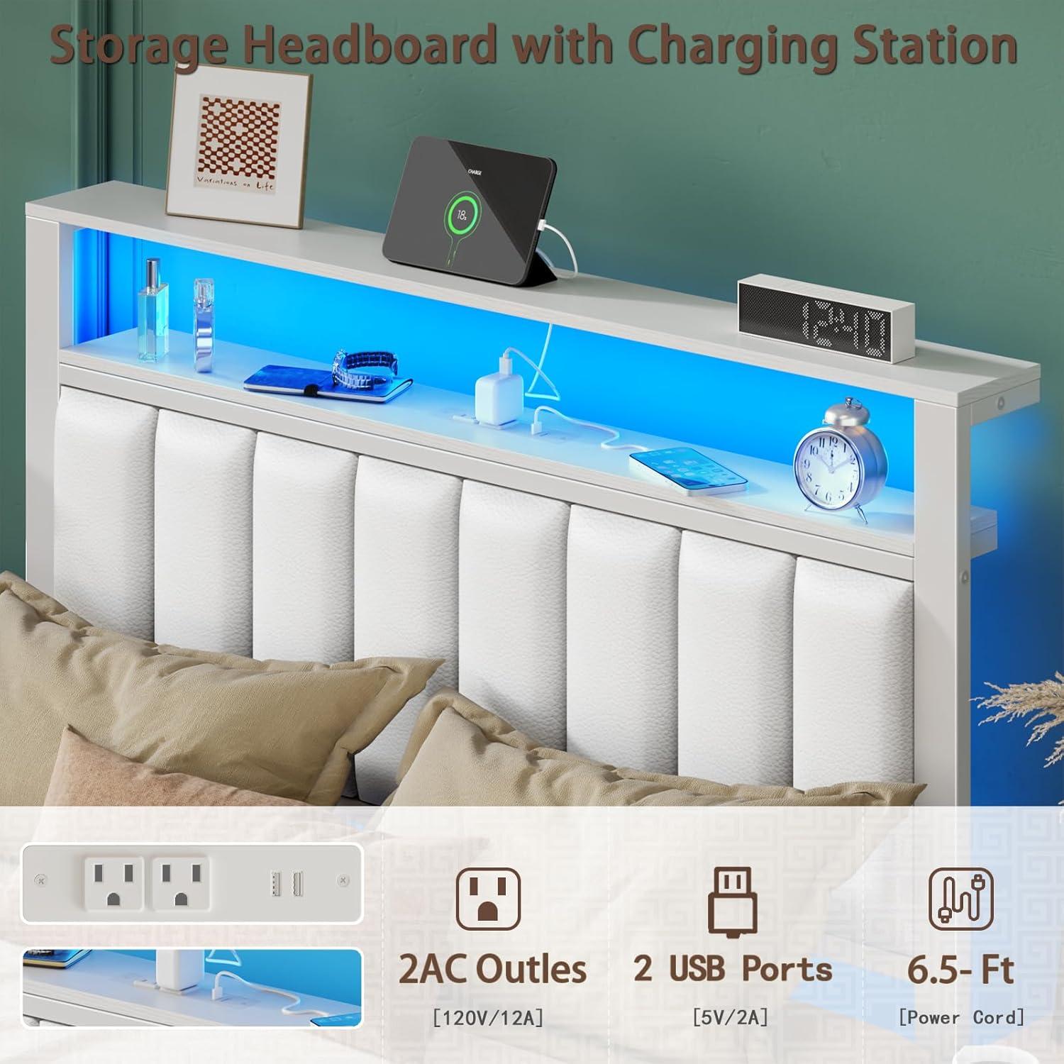 imageFurnulem Twin Size Bed Frame with Charging Station and LED Lights Platform Bed with Metal Slats Grey Upholstered Headboard with 2Tier Storage Shelves No Box Spring NeededWhite