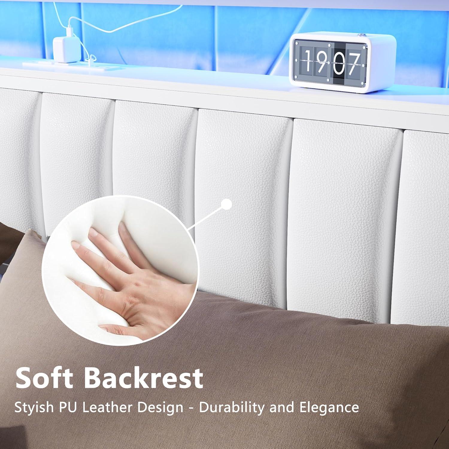 imageFurnulem Twin Size Bed Frame with Charging Station and LED Lights Platform Bed with Metal Slats Grey Upholstered Headboard with 2Tier Storage Shelves No Box Spring NeededWhite