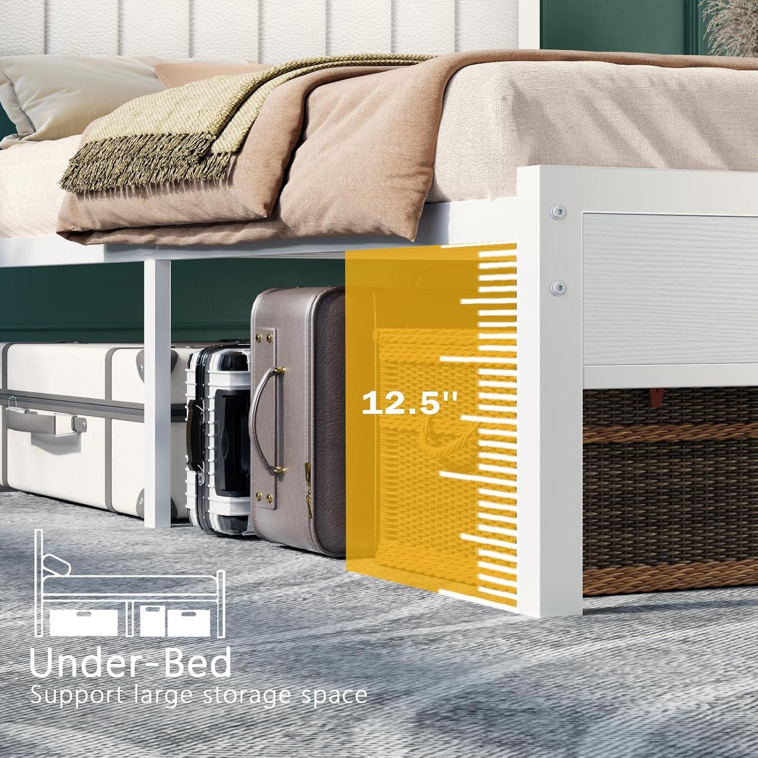 imageFurnulem Twin Size Bed Frame with Charging Station and LED Lights Platform Bed with Metal Slats Grey Upholstered Headboard with 2Tier Storage Shelves No Box Spring NeededWhite