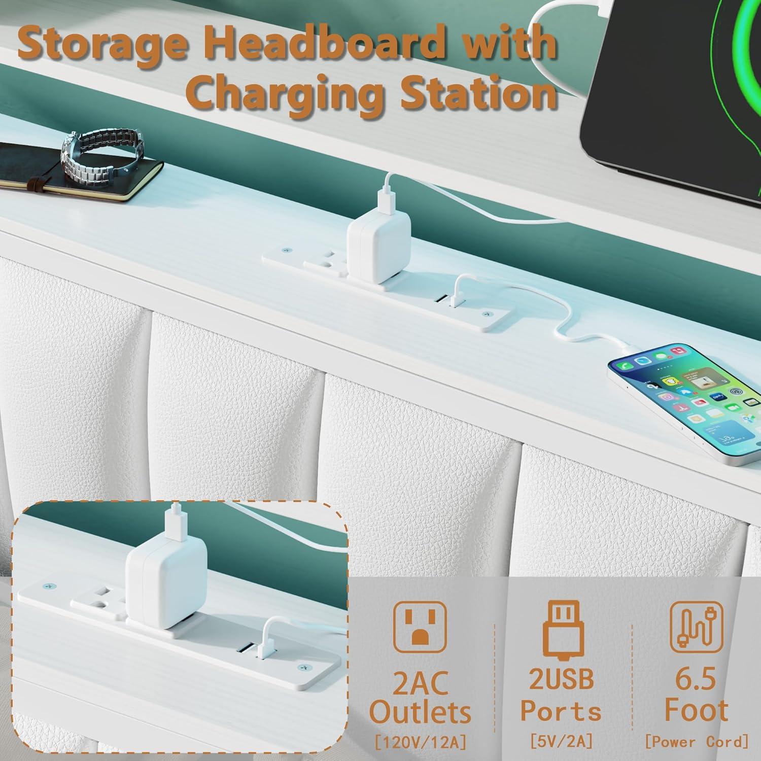 imageFurnulem Twin Size Bed Frame with Charging Station and LED Lights Platform Bed with Metal Slats Grey Upholstered Headboard with 2Tier Storage Shelves No Box Spring NeededWhite