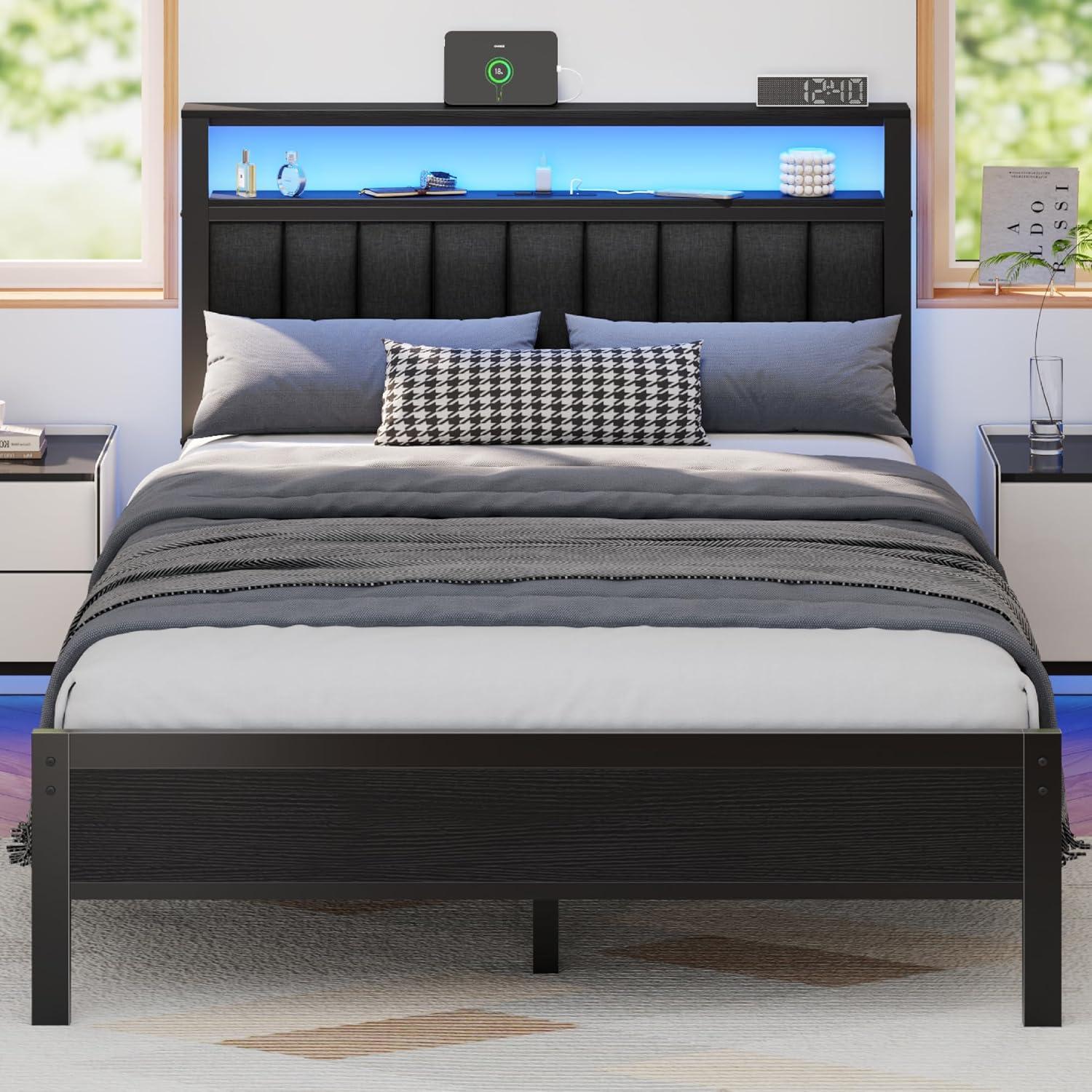 imageFurnulem Twin Size Bed Frame with Charging Station and LED Lights Platform Bed with Metal Slats Grey Upholstered Headboard with 2Tier Storage Shelves No Box Spring NeededBlack Oak
