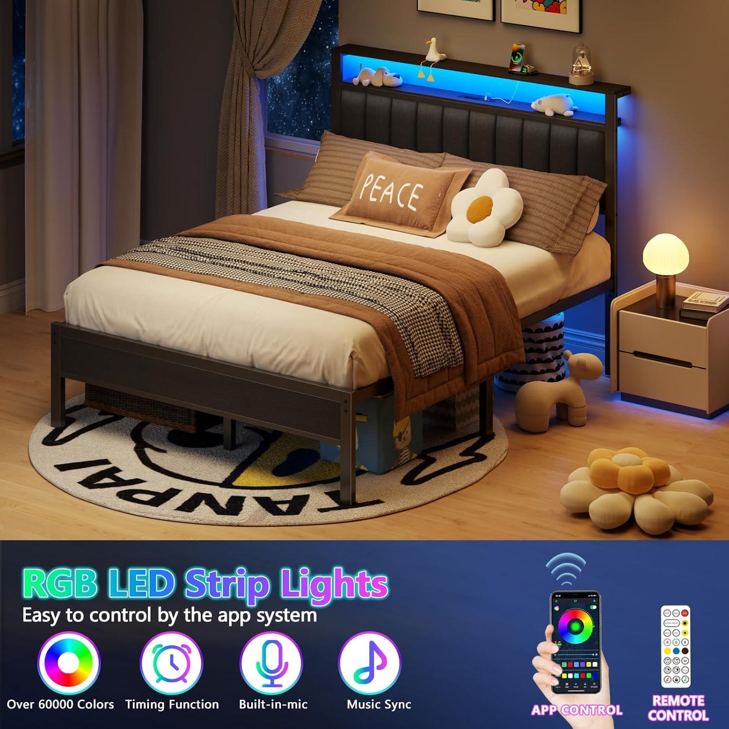 imageFurnulem Twin Size Bed Frame with Charging Station and LED Lights Platform Bed with Metal Slats Grey Upholstered Headboard with 2Tier Storage Shelves No Box Spring NeededBlack Oak