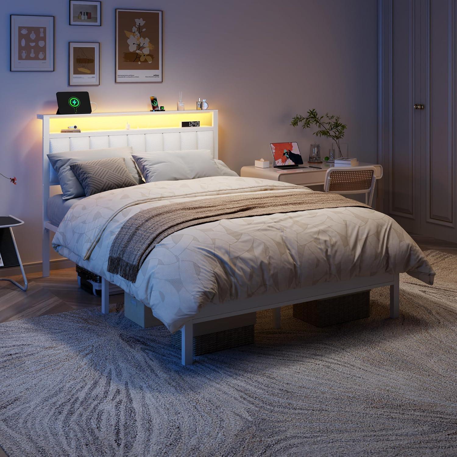 imageFurnulem Twin Size Bed Frame with Charging Station and LED Lights Platform Bed with Metal Slats Grey Upholstered Headboard with 2Tier Storage Shelves No Box Spring NeededWhite