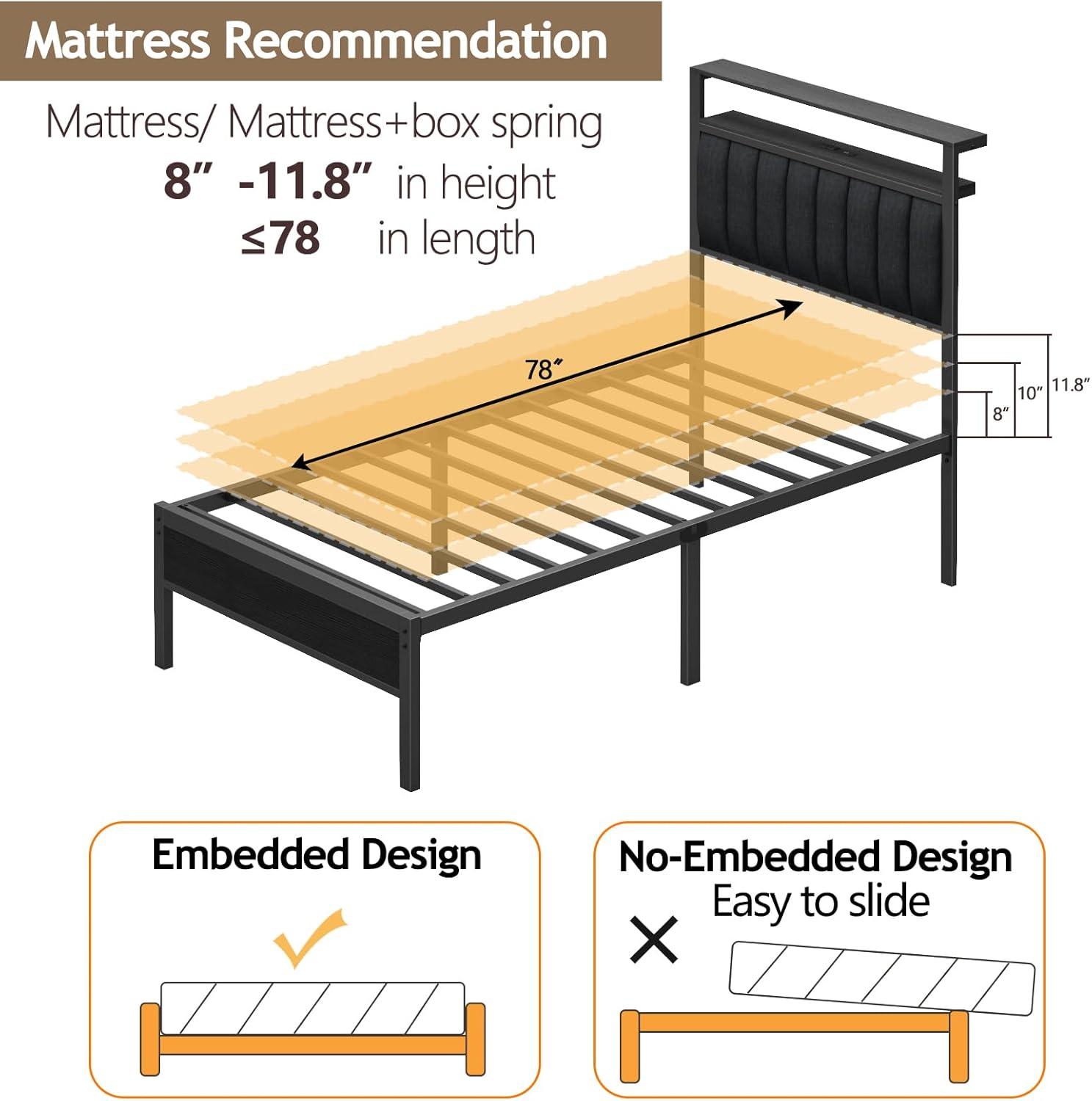 imageFurnulem Twin Size Bed Frame with Charging Station and LED Lights Platform Bed with Metal Slats Grey Upholstered Headboard with 2Tier Storage Shelves No Box Spring NeededBlack Oak