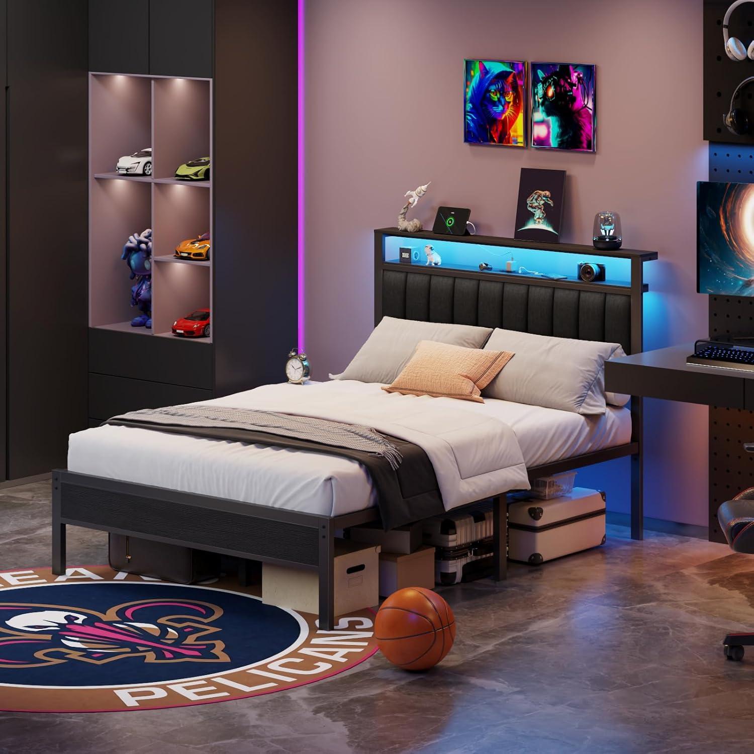 imageFurnulem Twin Size Bed Frame with Charging Station and LED Lights Platform Bed with Metal Slats Grey Upholstered Headboard with 2Tier Storage Shelves No Box Spring NeededBlack Oak