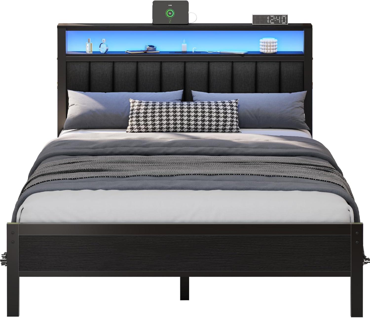 imageFurnulem Twin Size Bed Frame with Charging Station and LED Lights Platform Bed with Metal Slats Grey Upholstered Headboard with 2Tier Storage Shelves No Box Spring NeededBlack Oak