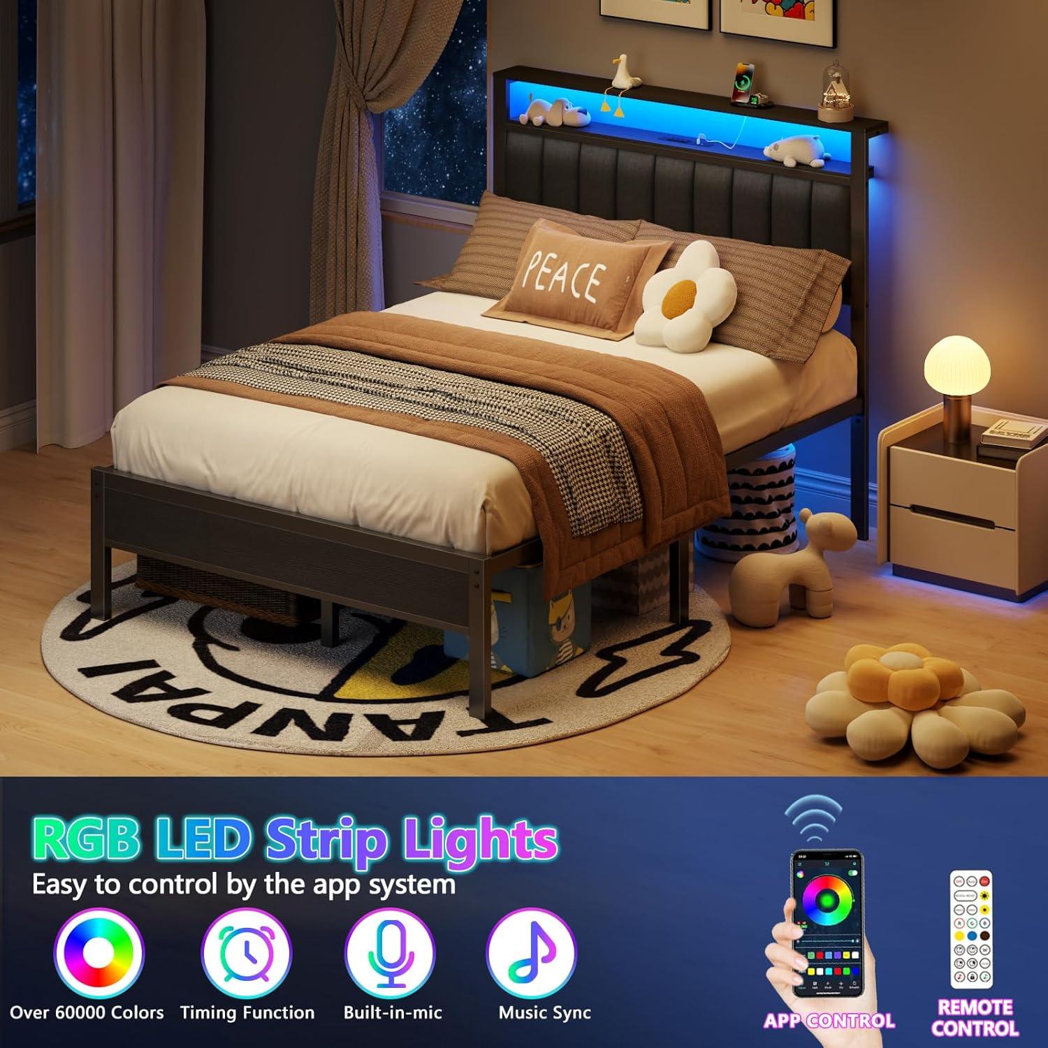 imageFurnulem Twin Size Bed Frame with Charging Station and LED Lights Platform Bed with Metal Slats Grey Upholstered Headboard with 2Tier Storage Shelves No Box Spring NeededBlack Oak