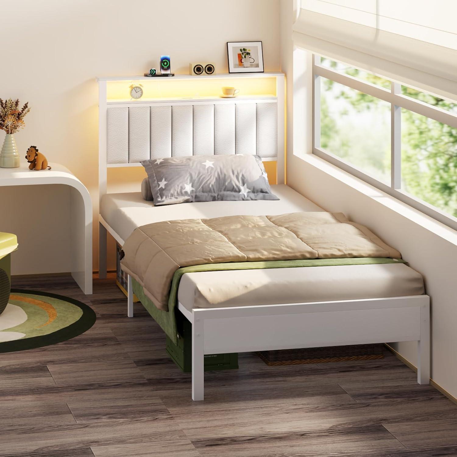 imageFurnulem Twin Size Bed Frame with Charging Station and LED Lights Platform Bed with Metal Slats Grey Upholstered Headboard with 2Tier Storage Shelves No Box Spring NeededWhite