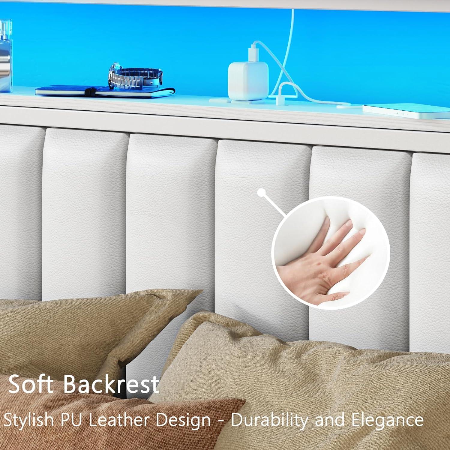 imageFurnulem Twin Size Bed Frame with Charging Station and LED Lights Platform Bed with Metal Slats Grey Upholstered Headboard with 2Tier Storage Shelves No Box Spring NeededWhite