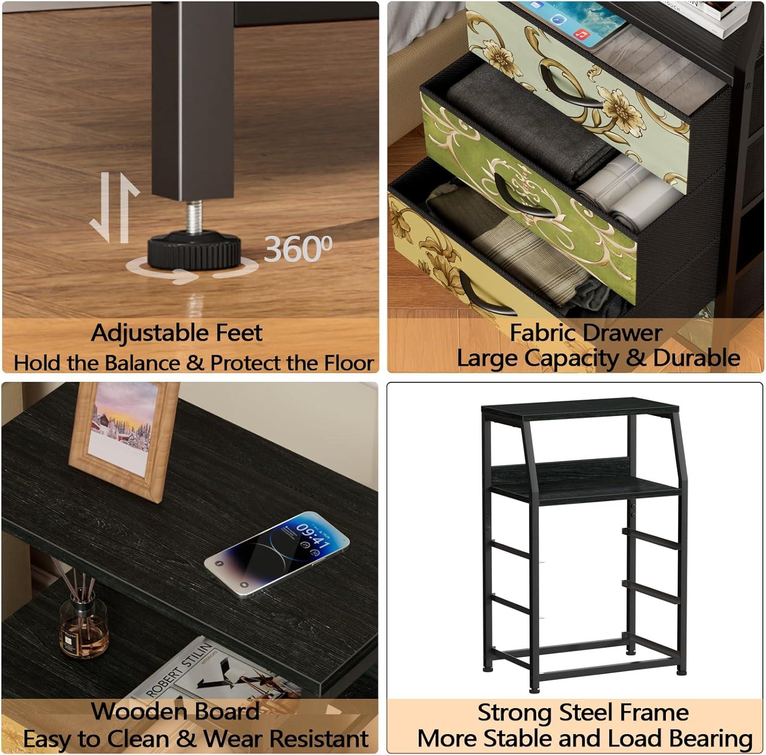 imageFurnulem White Nightstand with 3 Drawers and 2Tier Shelf Small Night Stand End Table Side Furniture Fabric Storage Organizer for Bedroom Closet Hallway Nursery Sturdy Steel Frame Wood TopVintage Floral