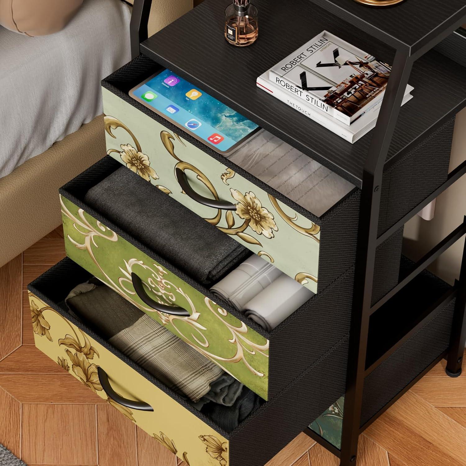 imageFurnulem White Nightstand with 3 Drawers and 2Tier Shelf Small Night Stand End Table Side Furniture Fabric Storage Organizer for Bedroom Closet Hallway Nursery Sturdy Steel Frame Wood TopVintage Floral