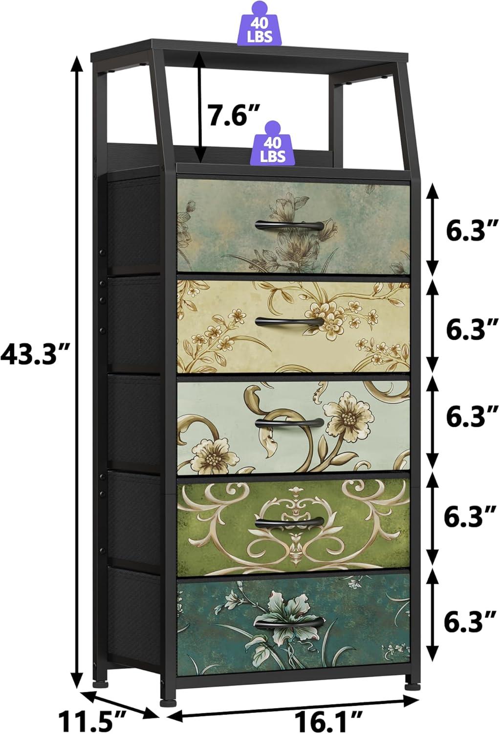 imageFurnulem White Nightstand with 3 Drawers and 2Tier Shelf Small Night Stand End Table Side Furniture Fabric Storage Organizer for Bedroom Closet Hallway Nursery Sturdy Steel Frame Wood TopVintage Floral