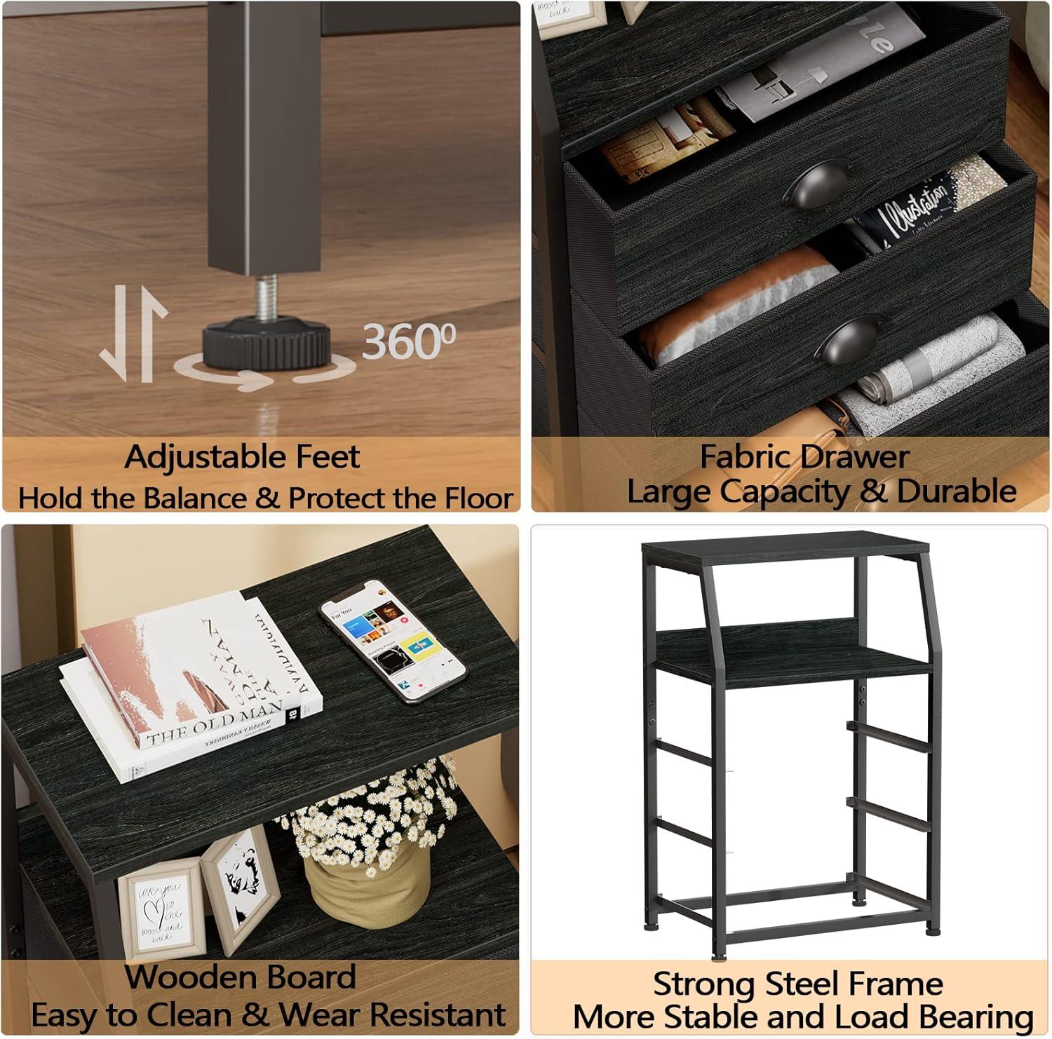 imageFurnulem White Nightstand with 3 Drawers and 2Tier Shelf Small Night Stand End Table Side Furniture Fabric Storage Organizer for Bedroom Closet Hallway Nursery Sturdy Steel Frame Wood TopBlack Oak